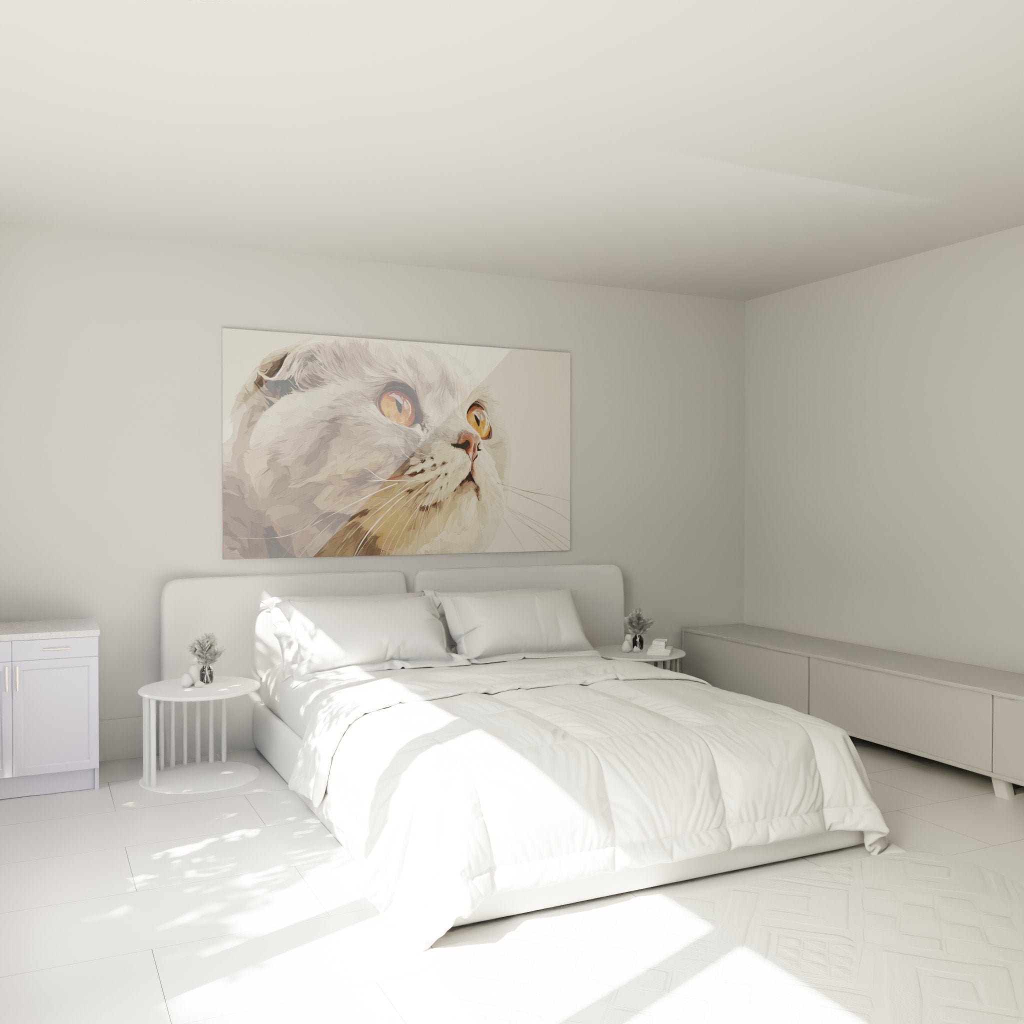 Scottish Fold cat painting with golden eyes in modern bedroom, decorative feline wall art cosy ambiance