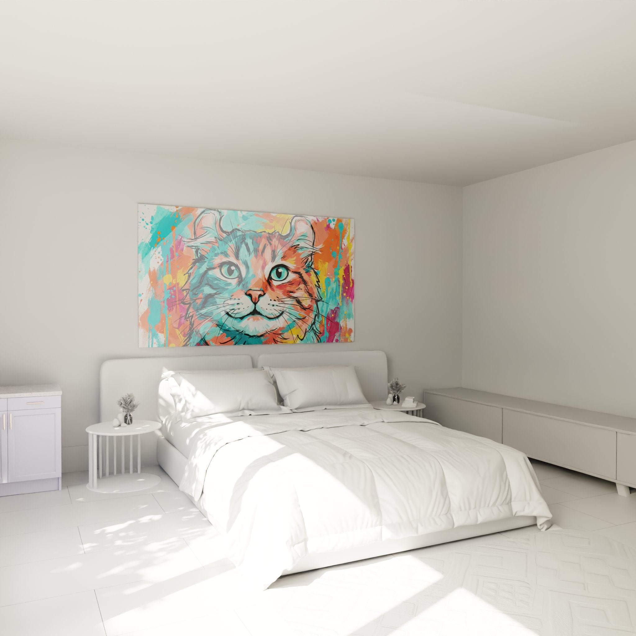 Decorazione camera da letto con quadro gatto American Curl colorato appeso al muro stile contemporaneo
