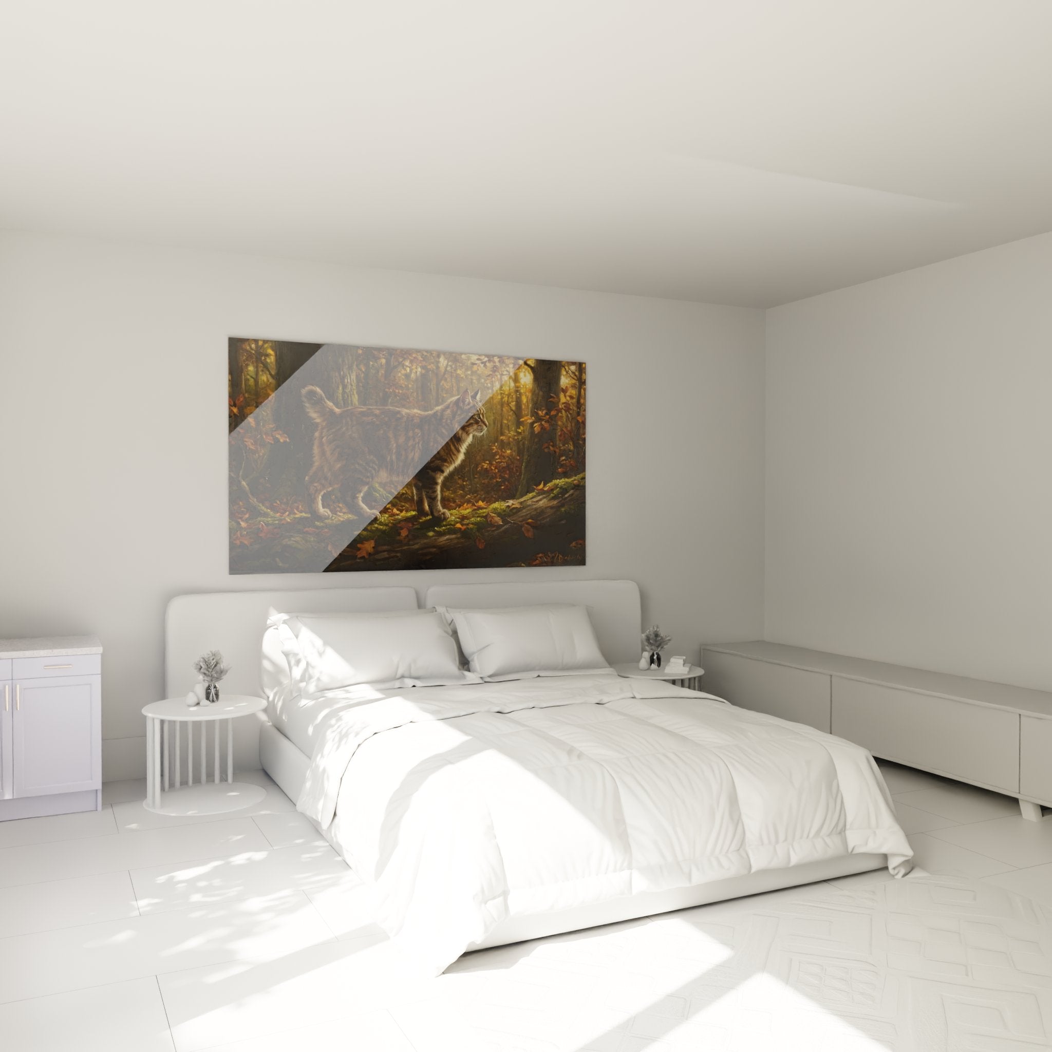 Décoration murale chambre avec tableau chat American Bobtail forêt automne aux tons chauds et apaisants