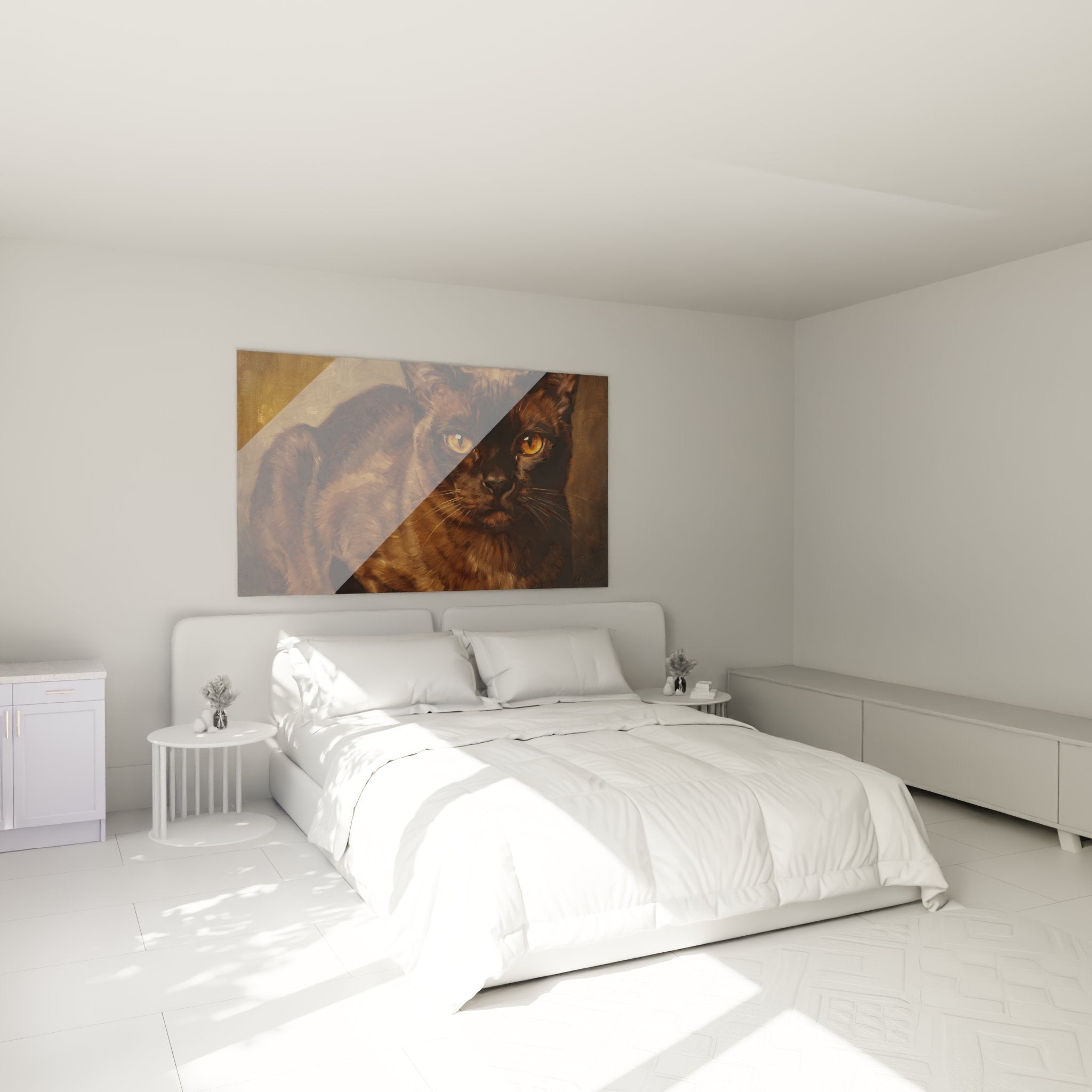 Décoration chambre avec tableau chat Burmese yeux ambrés, ambiance chaleureuse, art animalier mural