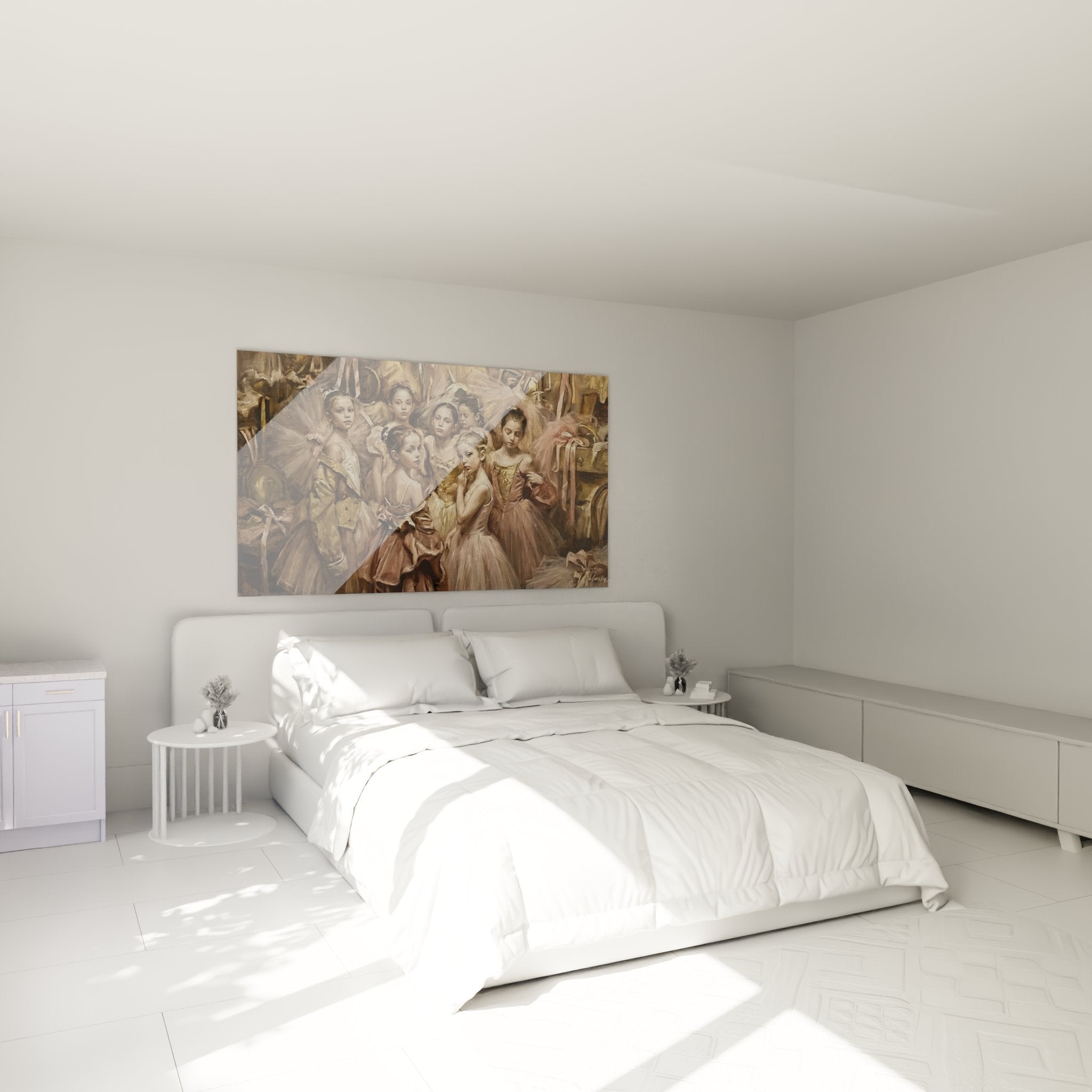 Decorazione murale raffigurante ballerine classiche in una camera da letto dai toni dolci e femminili