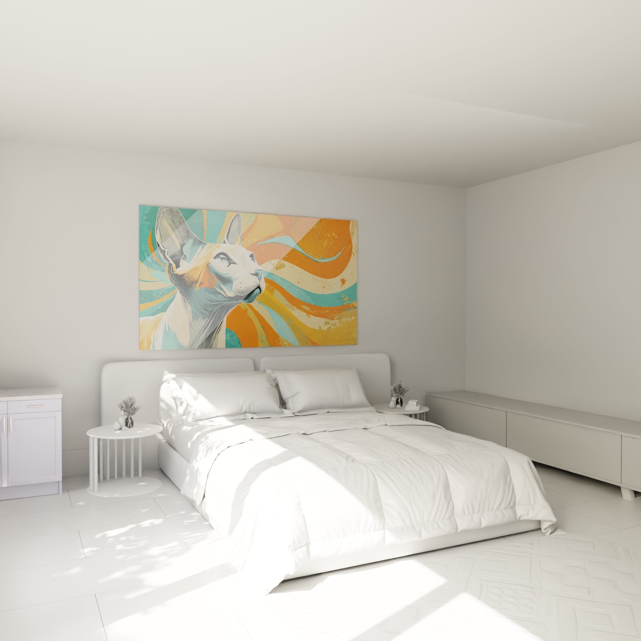 Quadro gatto Sphynx artistico che decora una camera moderna con tonalità turchese e arancione