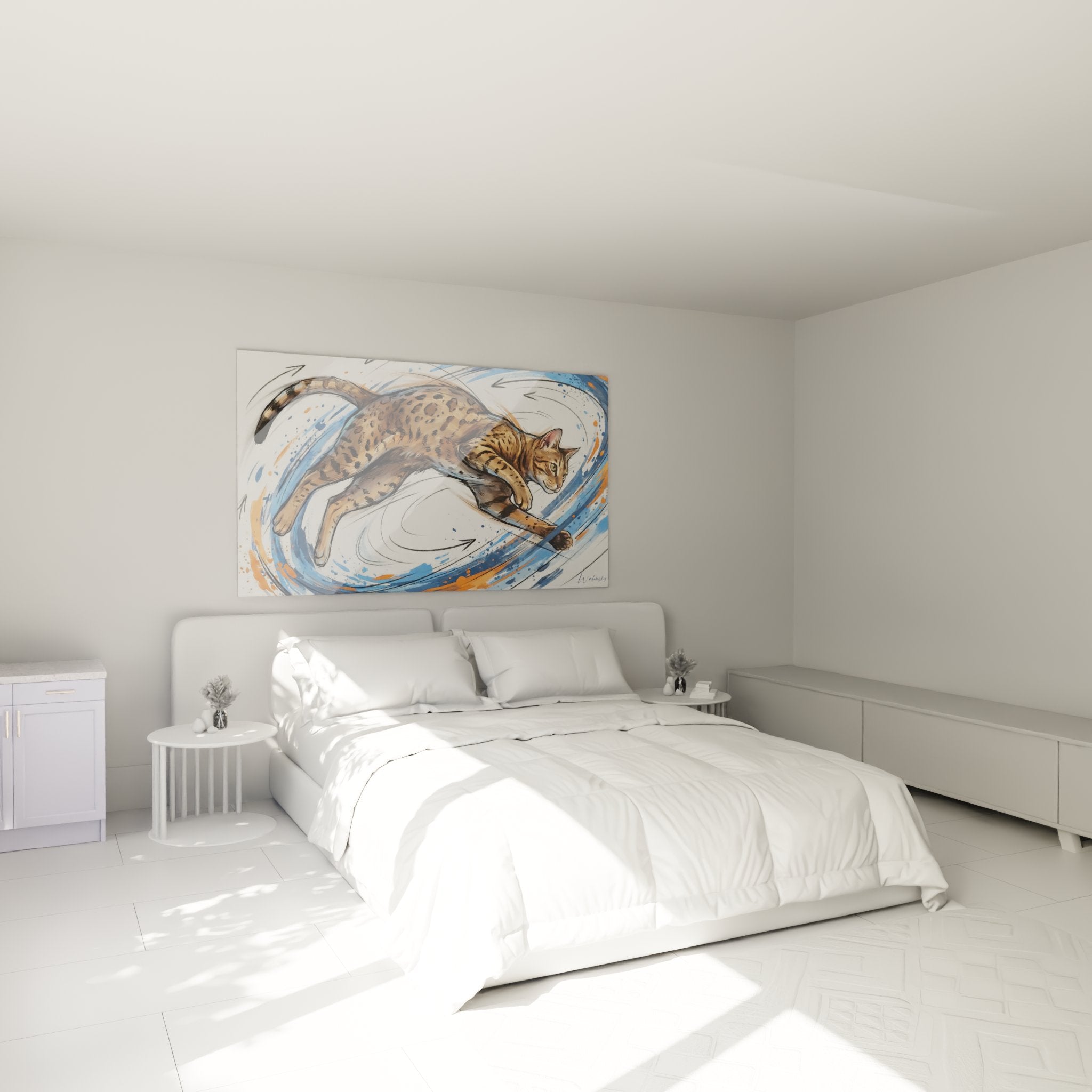 Decoration murale chambre avec tableau chat Ocicat dynamique aux tons bleus oranges ambiance moderne