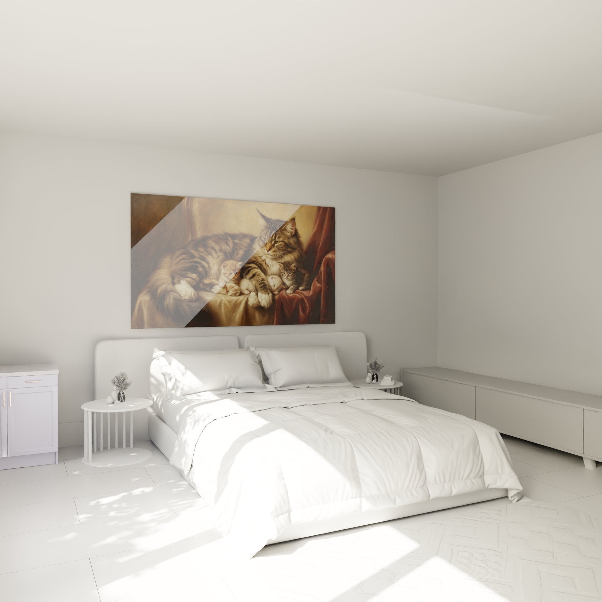 Wall decoration bedroom with family Maine Coon artwork in warm and cosy atmosphere