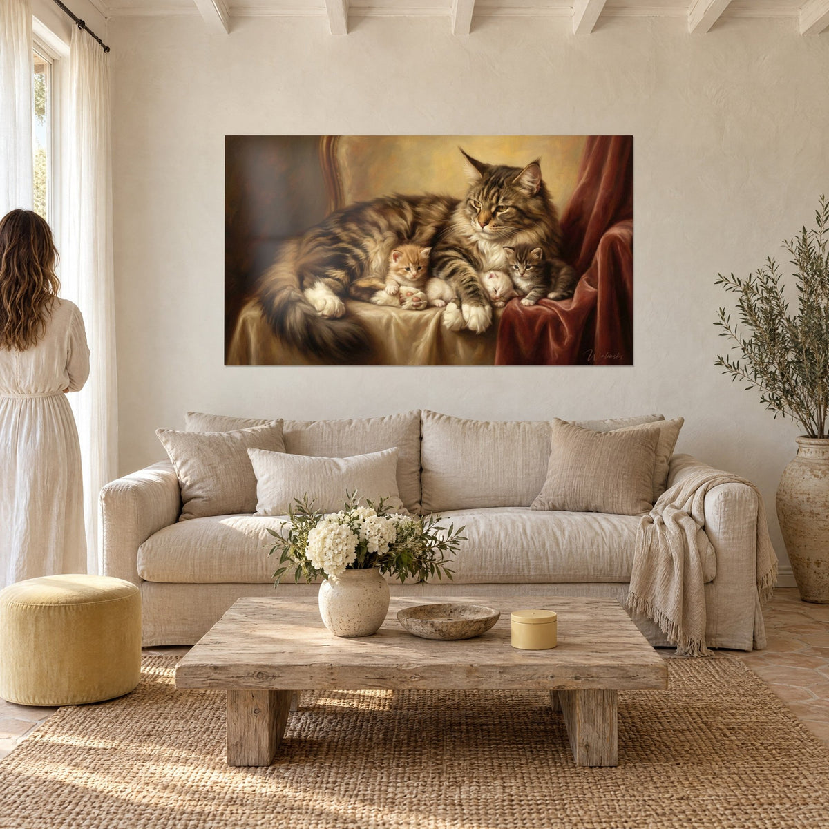 Wall art tabby mother cat lying among ginger and white kittens, burgundy velvet, golden background, above a sofa in a bright living room