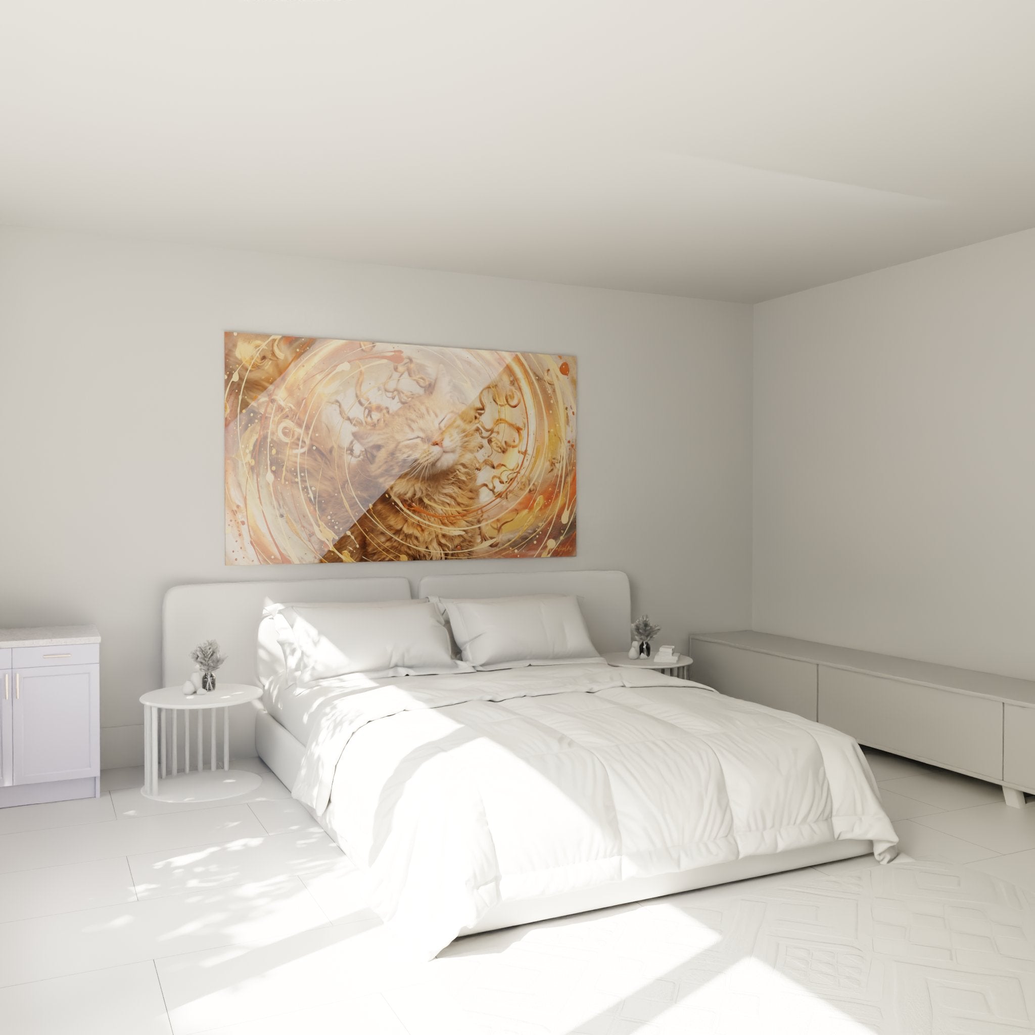 Decorazione camera da letto con quadro gatto Laperm spirale dorata atmosfera accogliente
