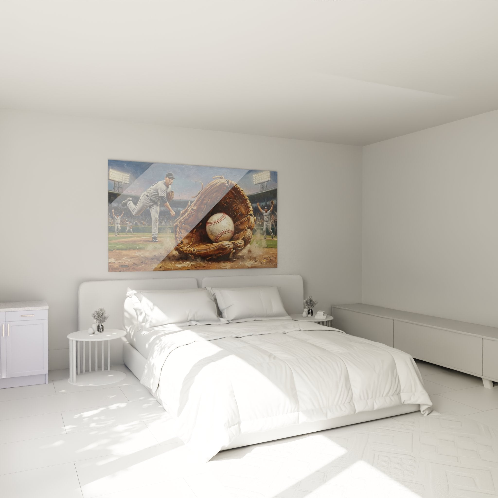 Tableau baseball gant géant décorant une chambre moderne, parfait pour amateur de sport américain et décoration murale