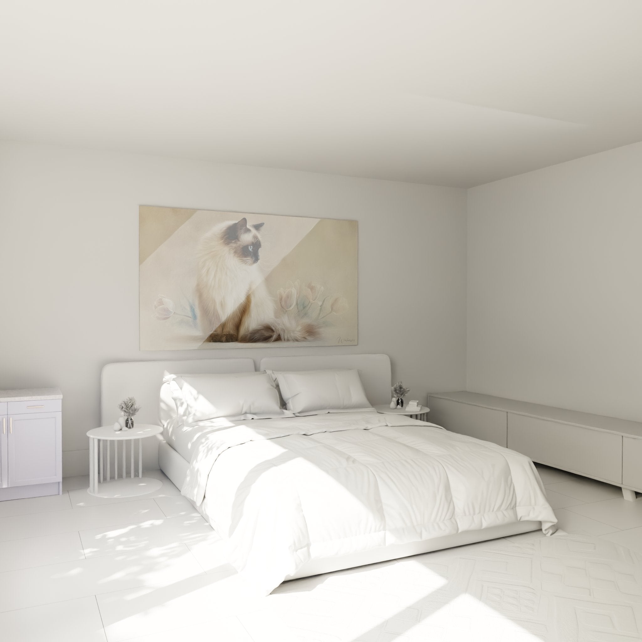Decorazione camera da letto con quadro gatto birmano e tulipani bianchi in un'atmosfera accogliente e rilassante