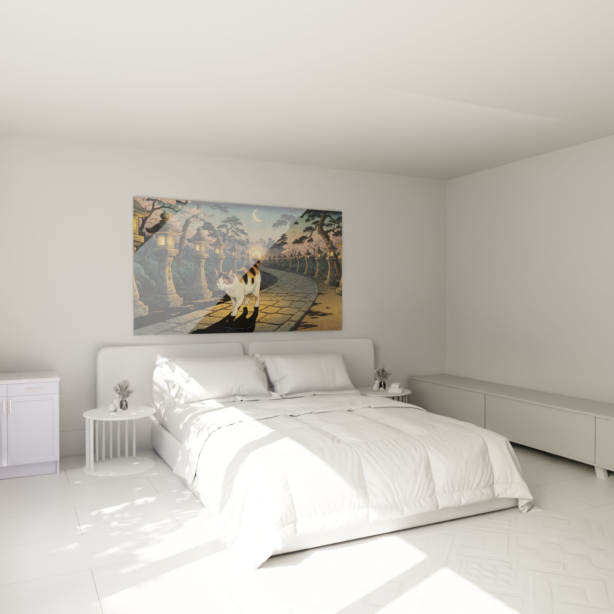 Tableau chat Japanese Bobtail temple japonais accroche dans chambre moderne decoration murale zen