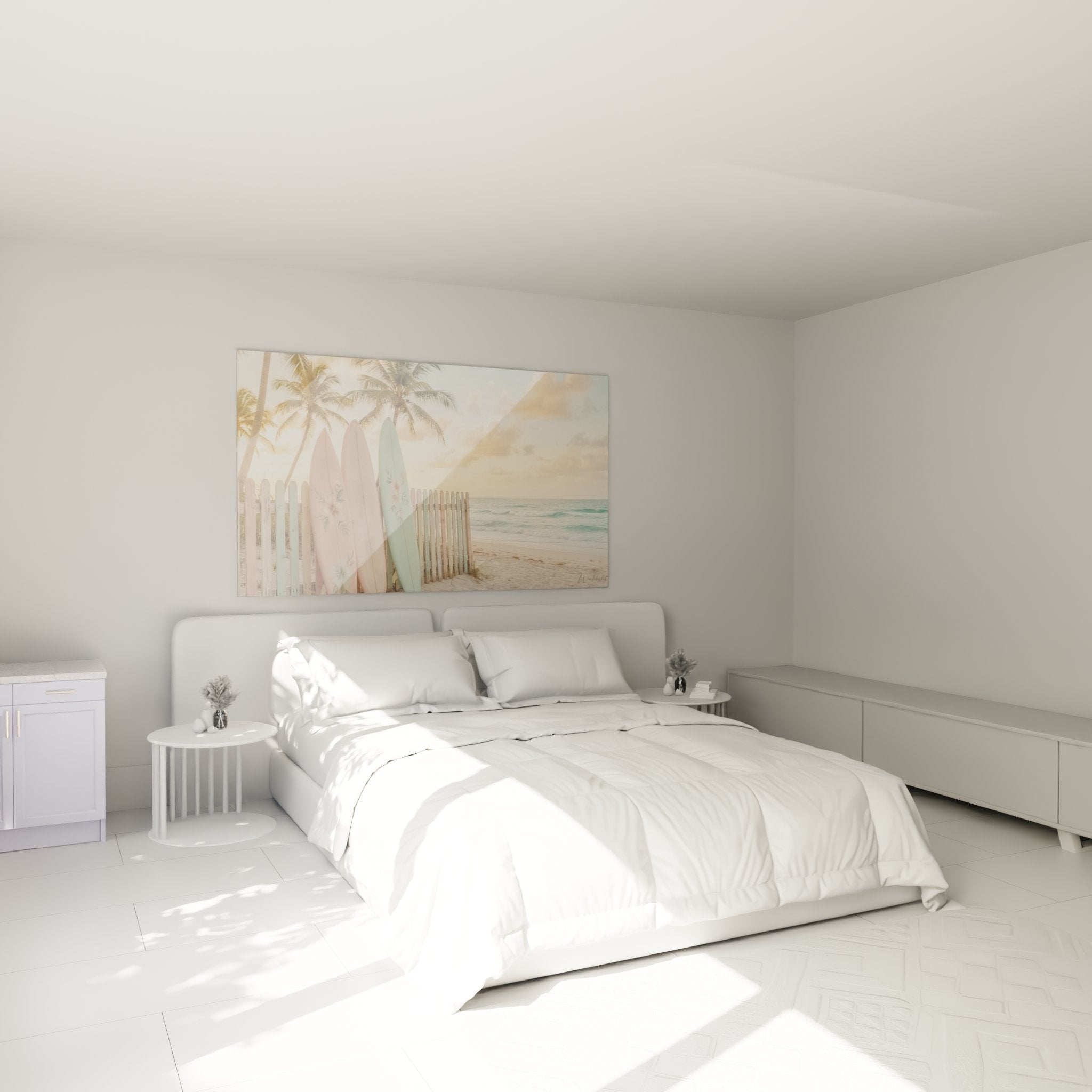 Tableau surf tropical rose et turquoise installé dans chambre moderne, ambiance zen et apaisante