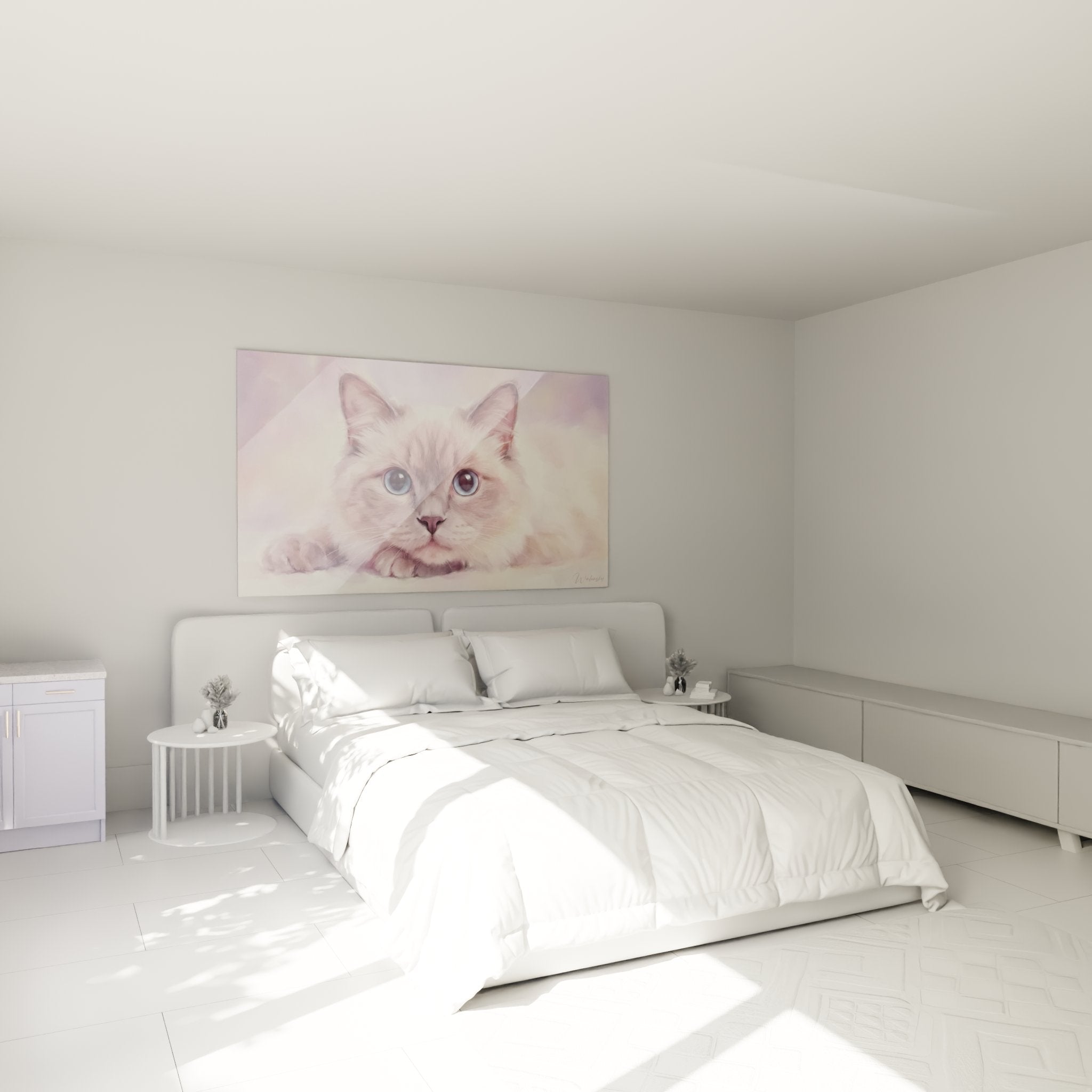Déco chambre avec tableau chat Himalayan pastel créant une ambiance douce et apaisante