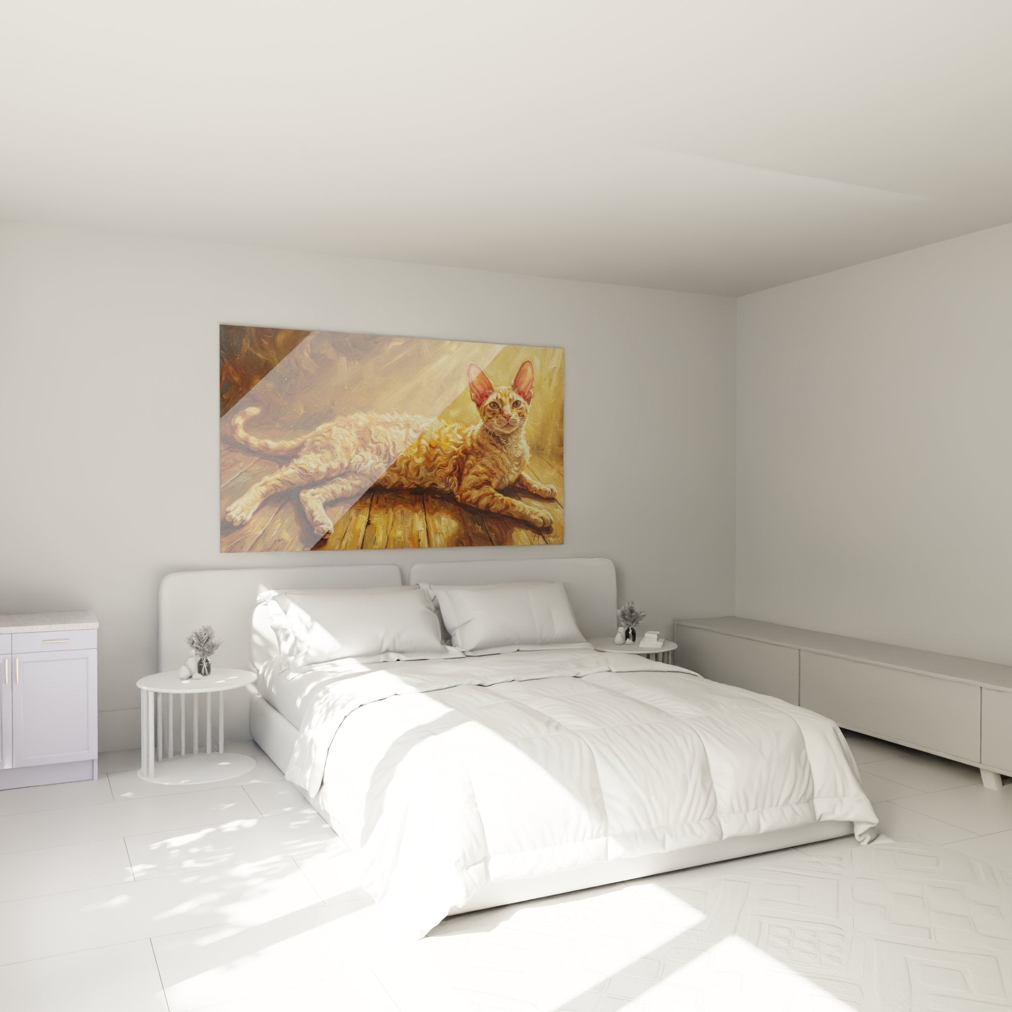 Decoration murale chambre avec tableau chat Cornish Rex dore ambiance chaleureuse et apaisante