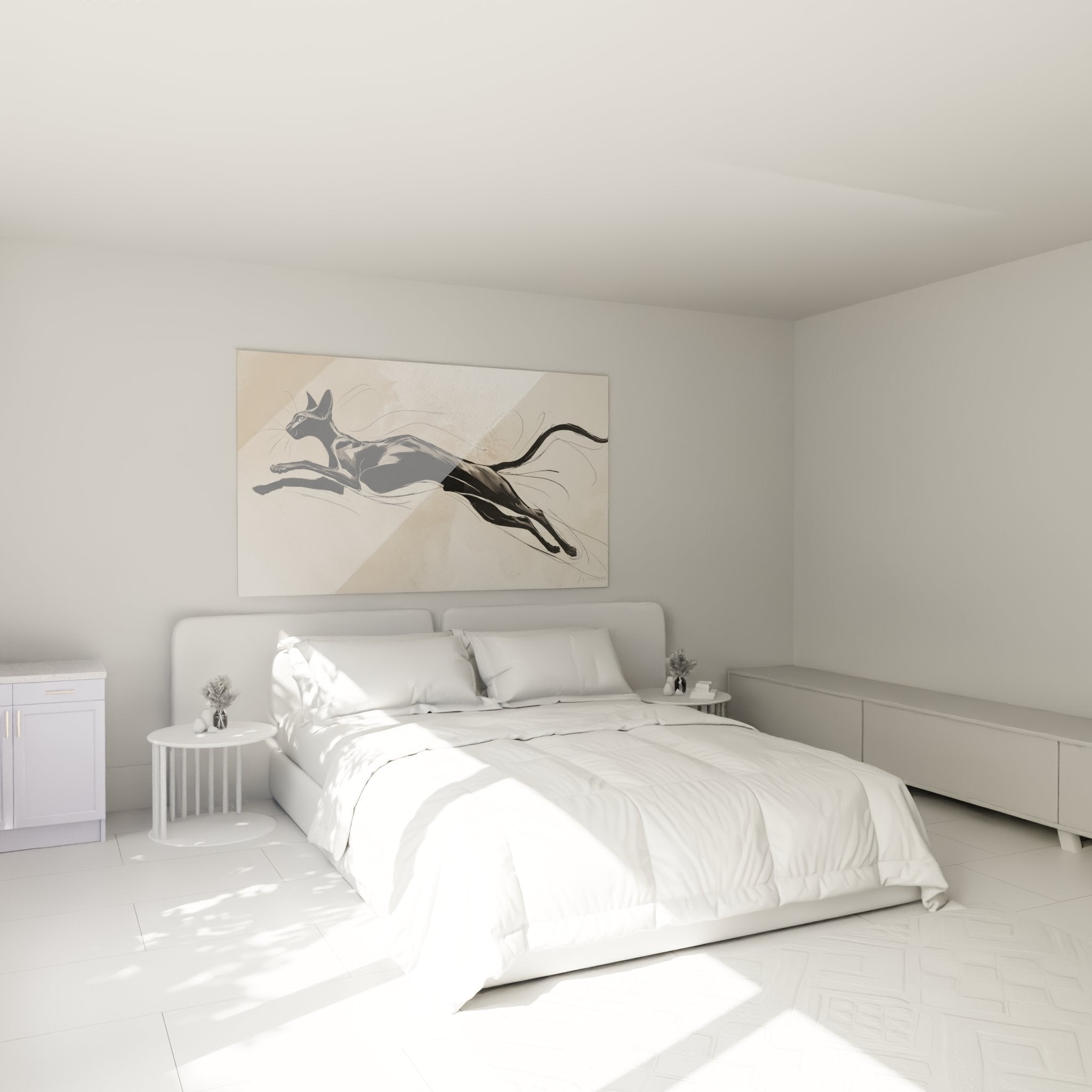 Tableau chat Oriental Shorthair en mouvement dans chambre moderne, décoration murale élégante tons beiges et noirs