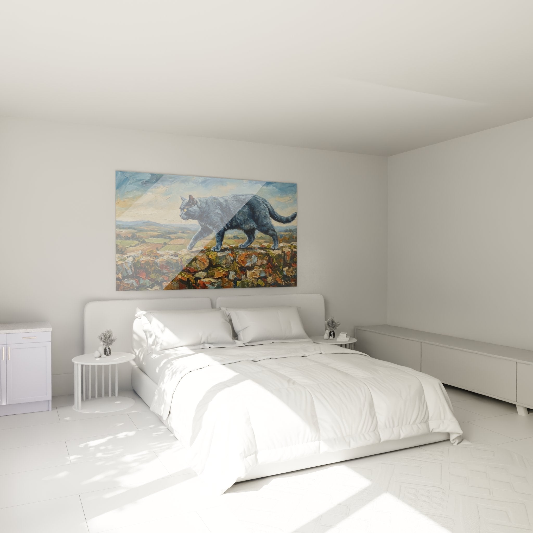 Tableau chat Chartreux paysage rural accroché au mur d'une chambre moderne style contemporain