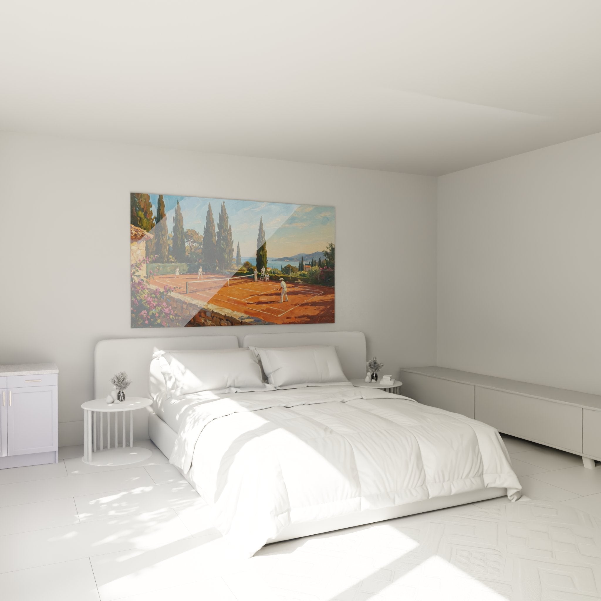 Décoration murale tennis méditerranéen dans chambre moderne avec court terre battue et paysage