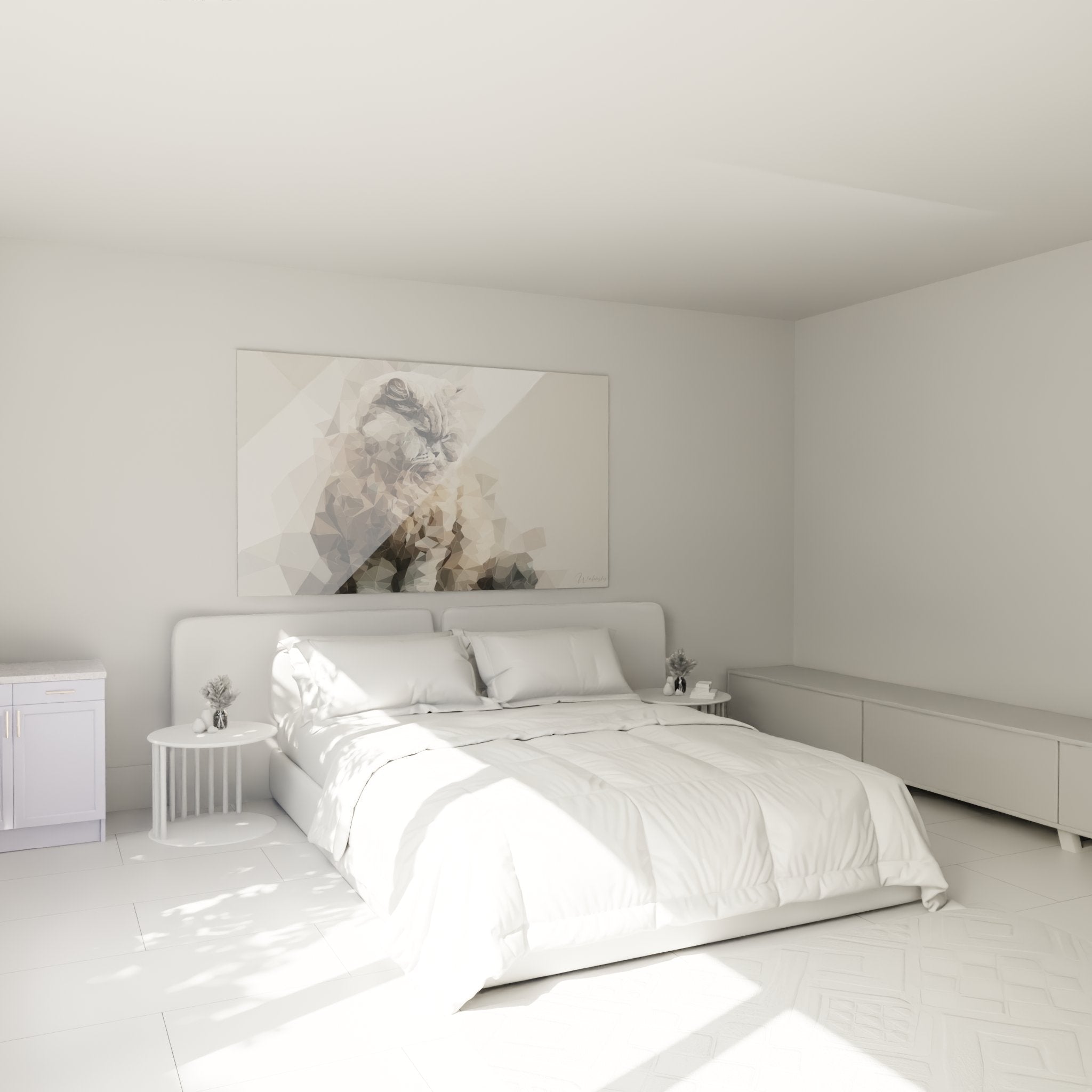 Schlafzimmerdekoration mit polygonaler Selkirk-Rex-Katze Kunstdruck über dem Bett in zeitgenössischer Atmosphäre