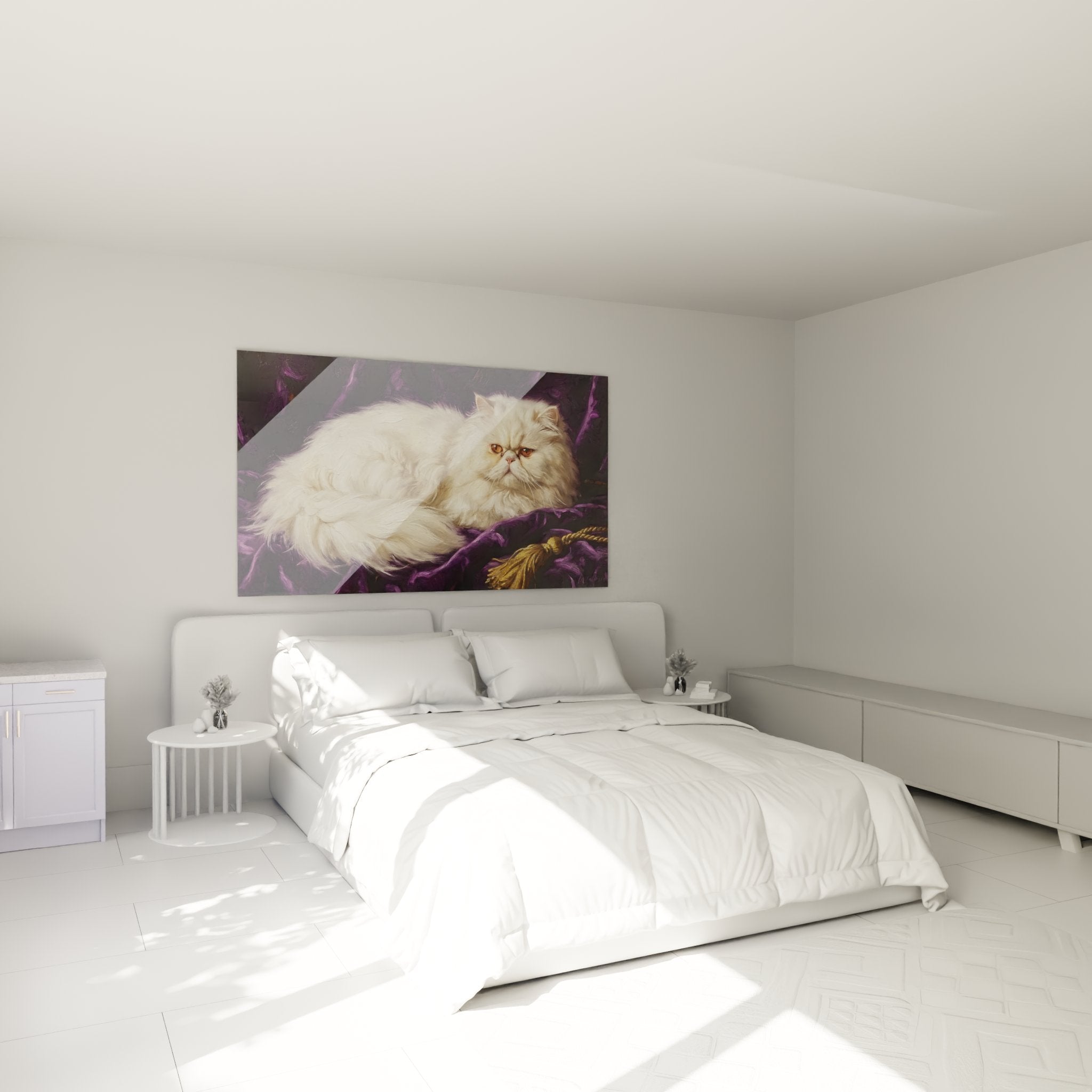 Quadro gatto persiano bianco su velluto viola che decora una camera moderna con tonalità neutre ed eleganti
