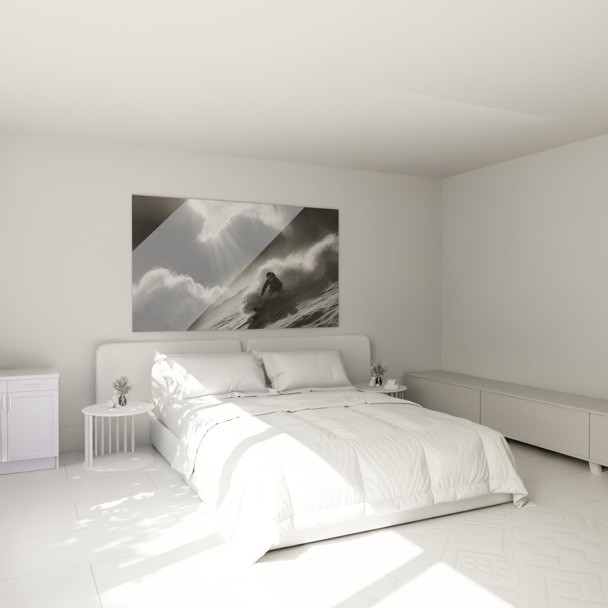 Decoration murale ski dans chambre moderne - tableau skieur montagne noir et blanc au-dessus du lit