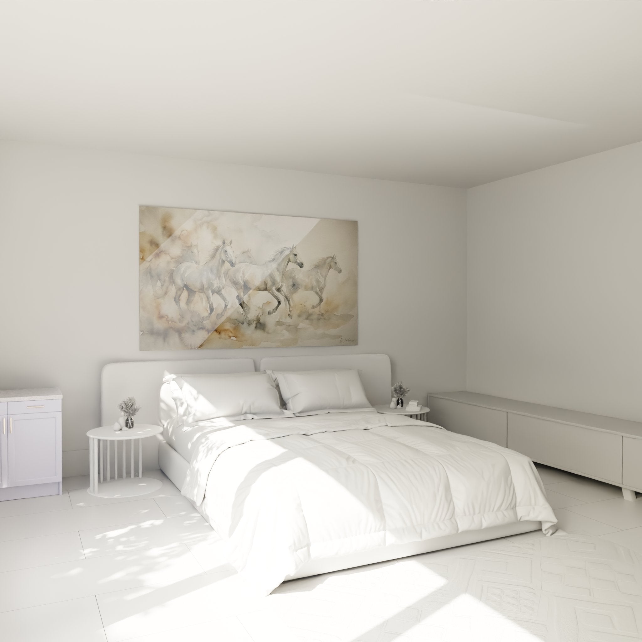 Decoration murale chevaux blancs galop dans chambre moderne style equestre elegant