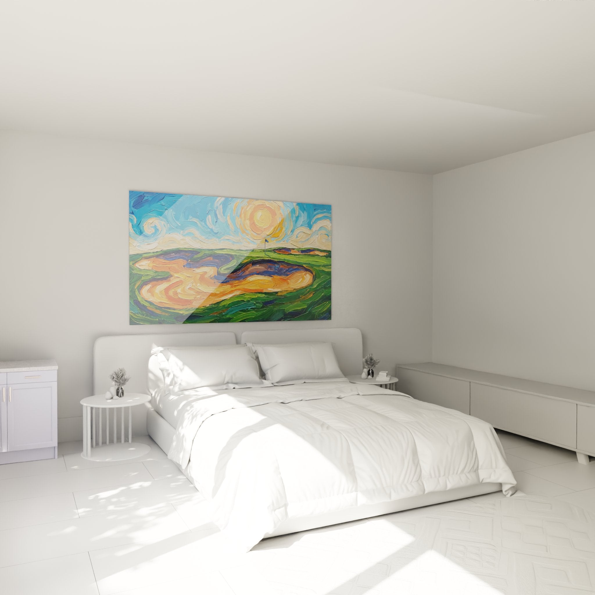 Decoration chambre avec tableau golf impressionniste aux couleurs vives, parcours ondulant style Van Gogh