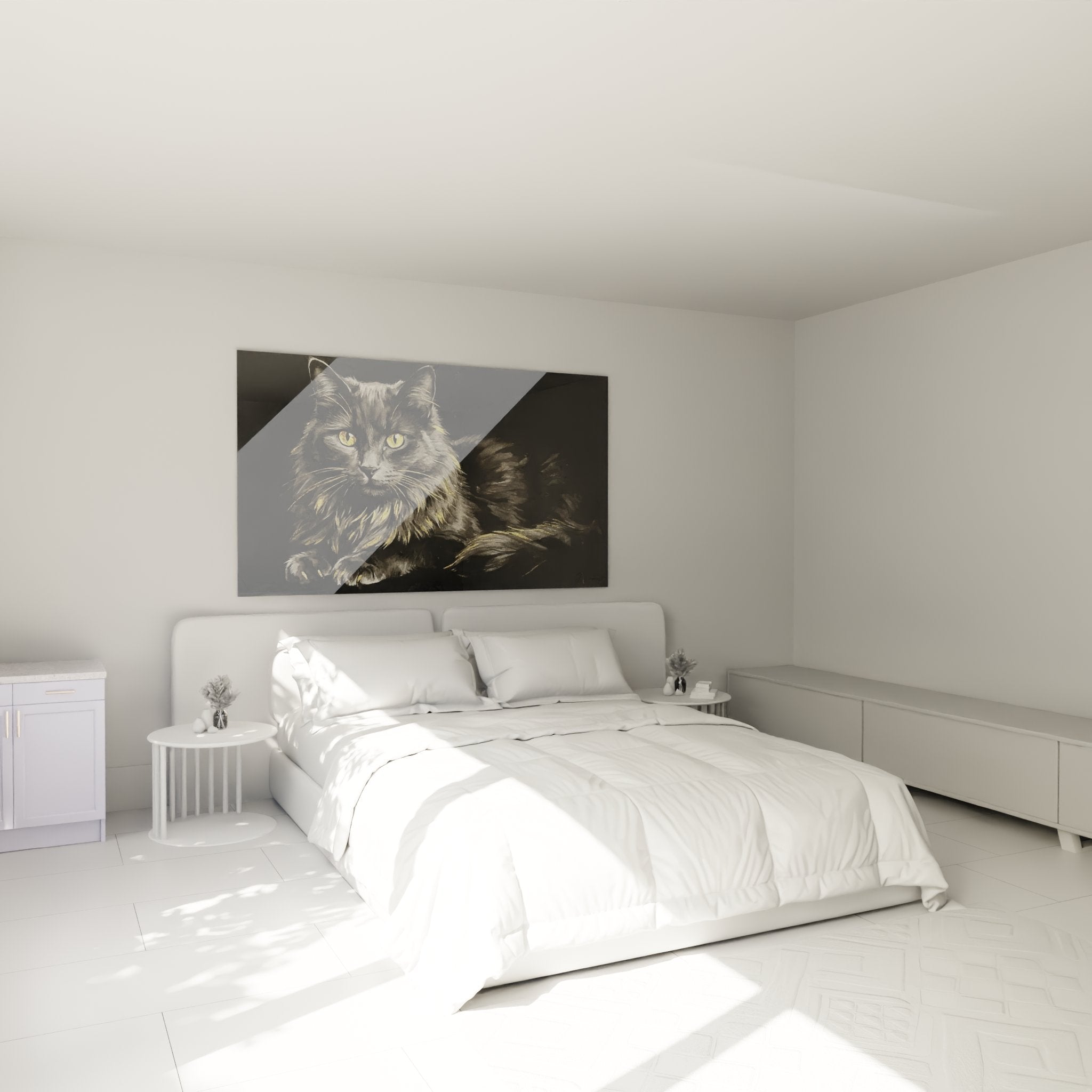 Gatto Nebelung con occhi dorati in camera moderna, quadro da parete decorativo, atmosfera accogliente e raffinata