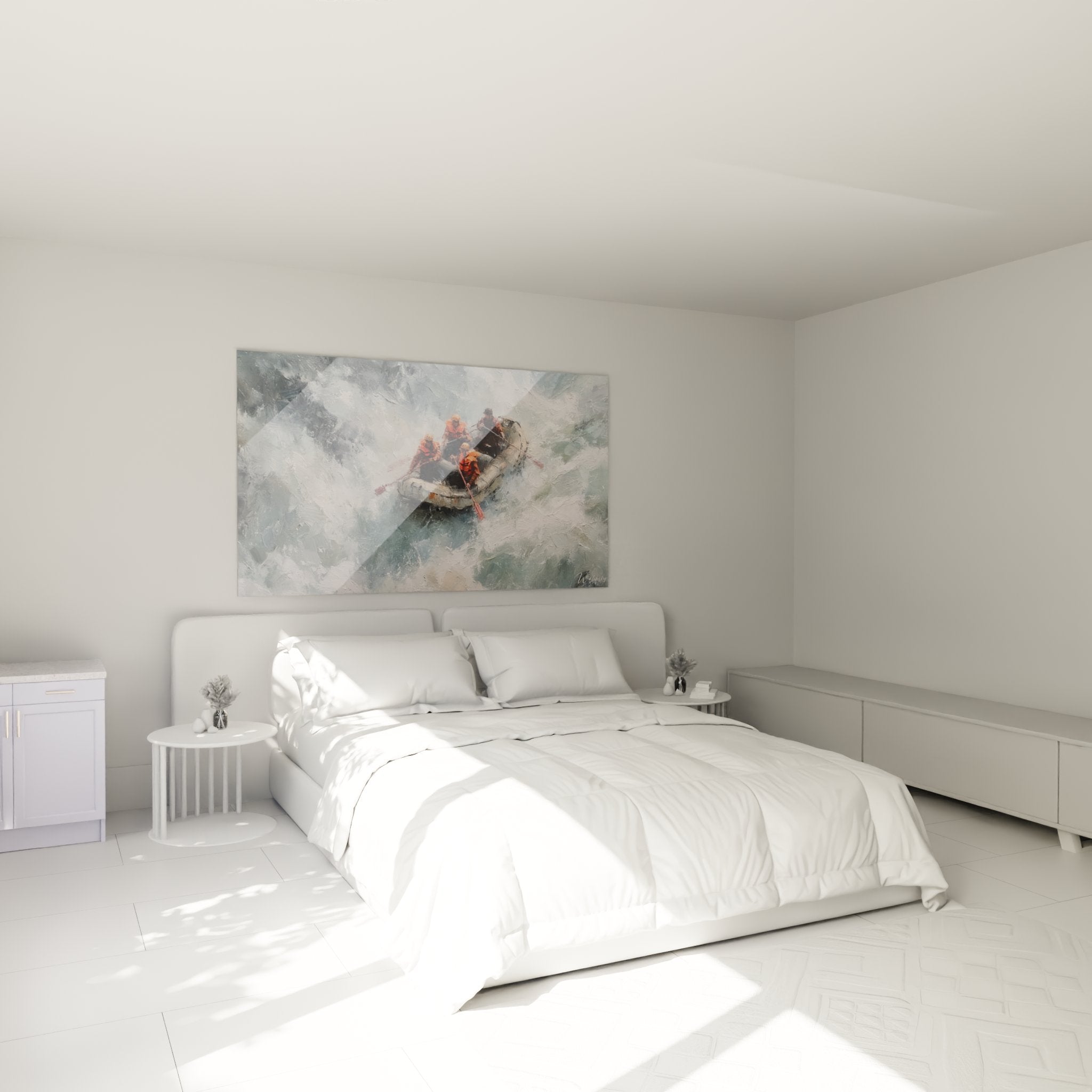 Wall decoration whitewater rafting in modern bedroom, extreme sports artwork wild waters adventure ambiance
