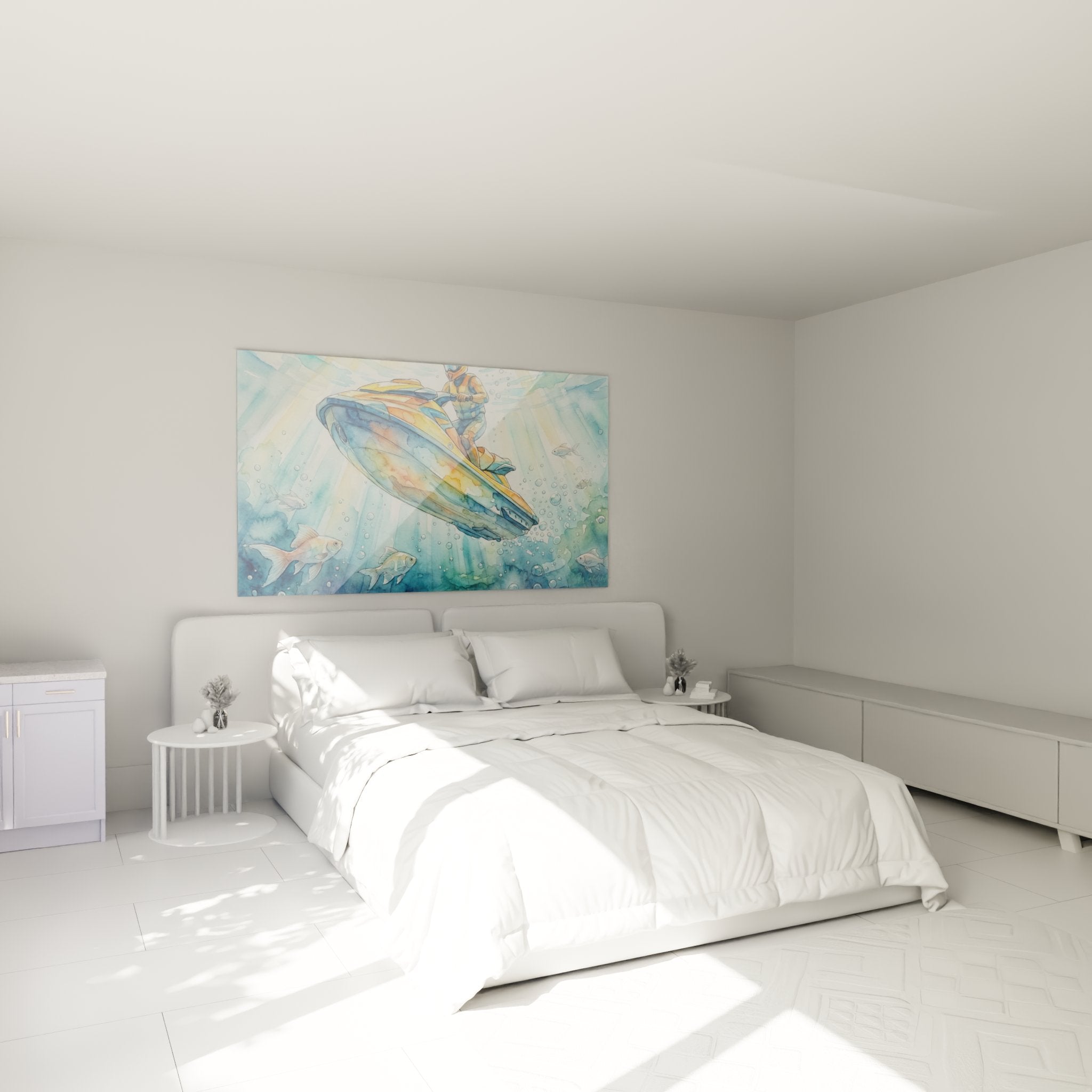 Tableau jetski sous-marin aquarelle décorant chambre moderne avec ambiance marine et sportive