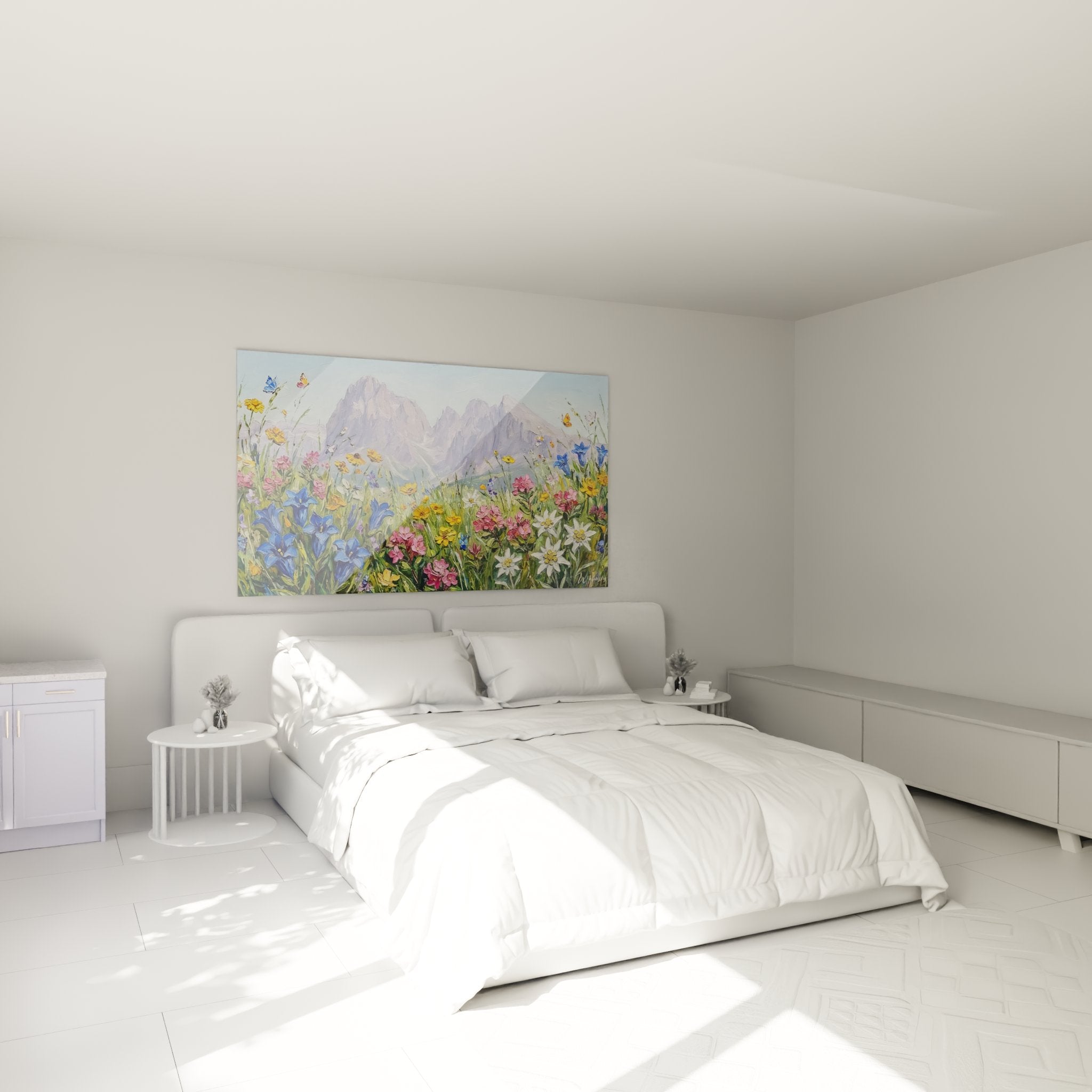 Decorazione murale camera da letto con quadro prato alpino fiorito e montagne dolomitiche sullo sfondo