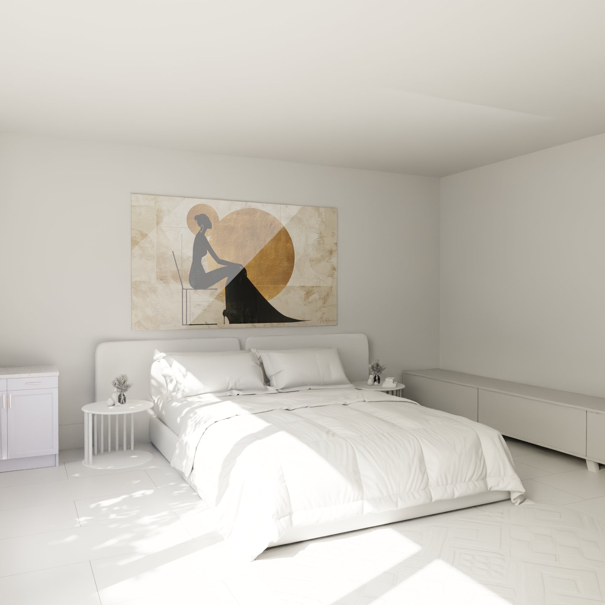 Decorazione camera da letto con quadro elegante silhouette donna africana dorata, atmosfera calda e accogliente