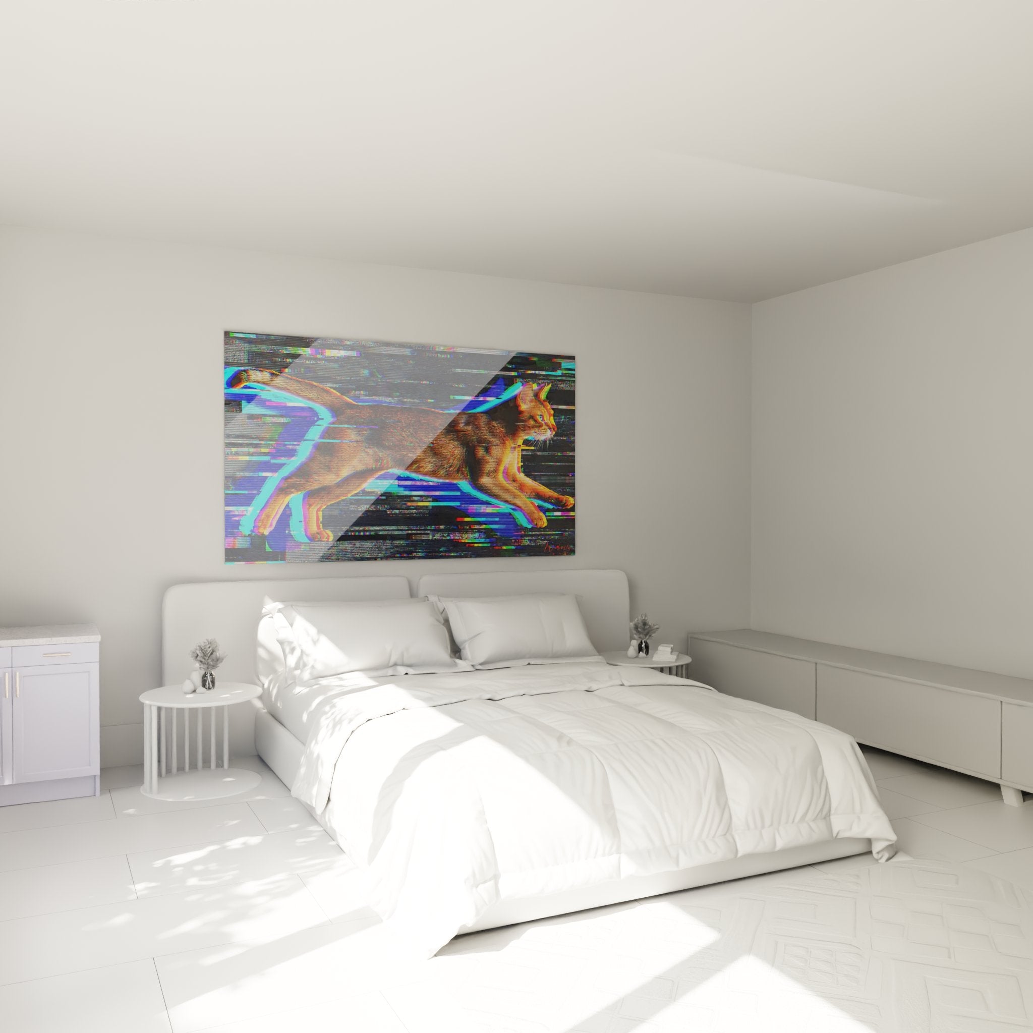 Décoration murale chat Abyssin glitch art dans chambre moderne, ambiance cyber futuriste