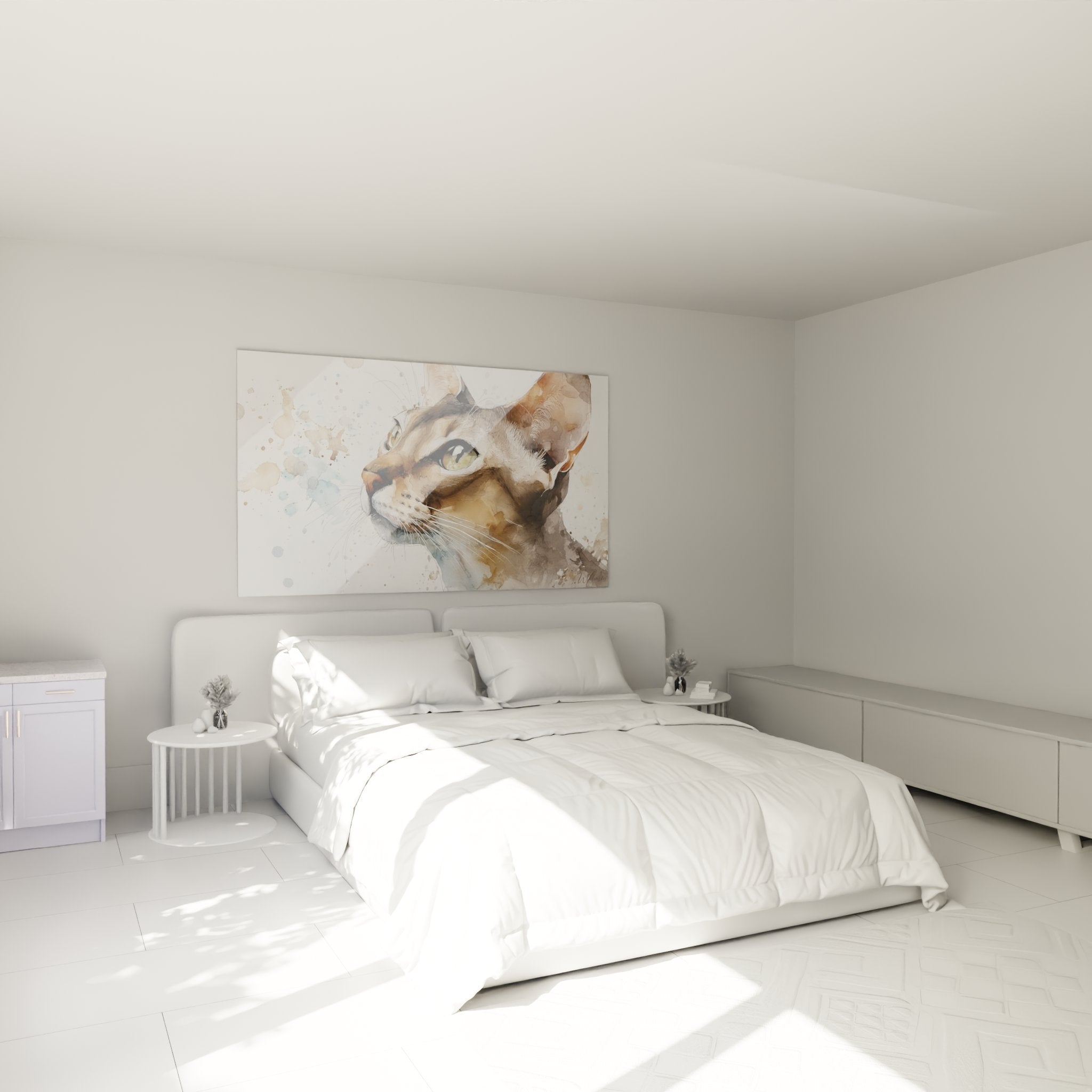 Decoration chambre avec tableau chat Singapura aquarelle accroche au mur au-dessus du lit