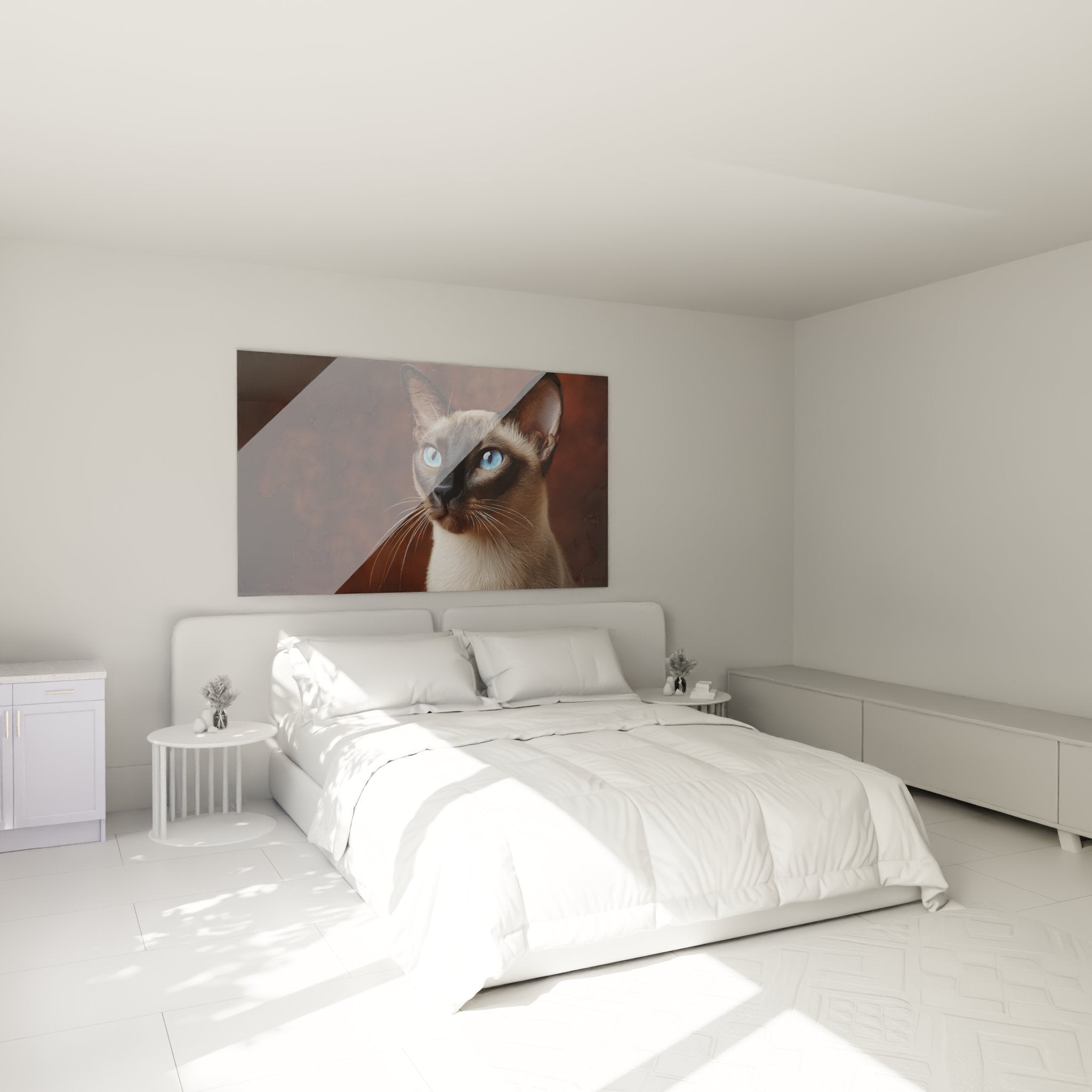 Quadro gatto tonkinese occhi blu appeso in camera moderna, decorazione murale elegante atmosfera calda