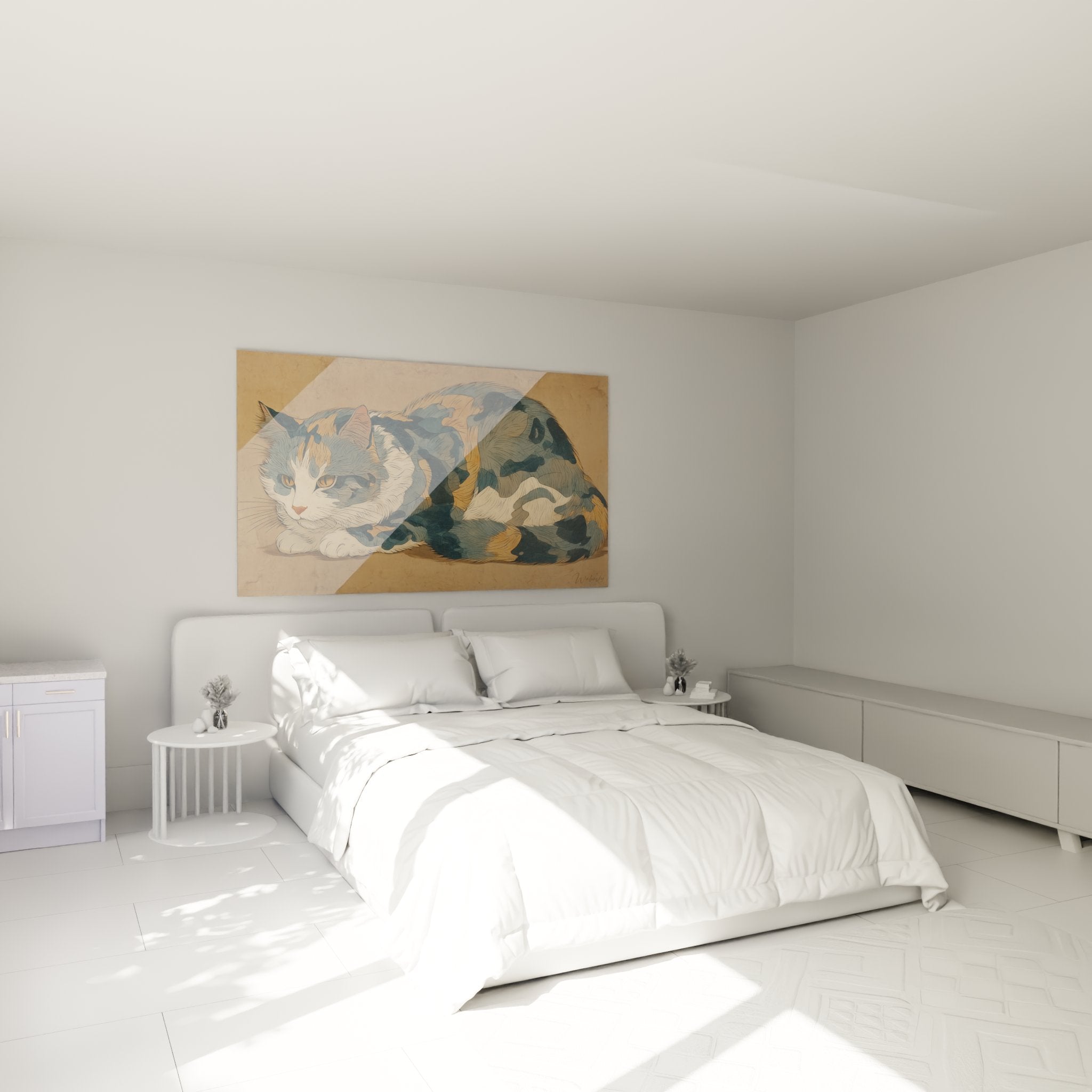 Bedroom decoration with serene tricolor cat painting in warm tones cozy American Bobtail ambiance