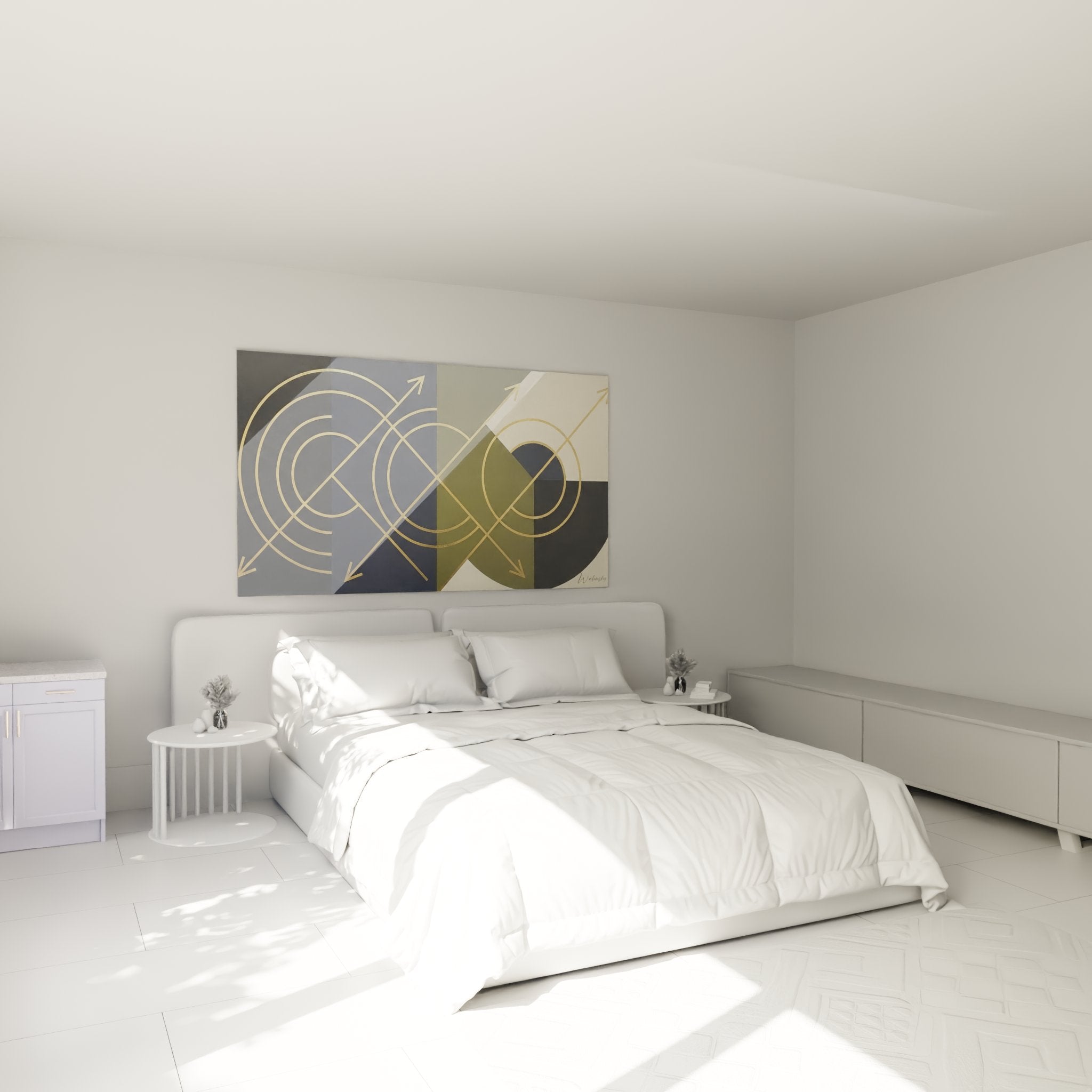 Decoration murale geometrique avec cercles et fleches dores dans une chambre moderne