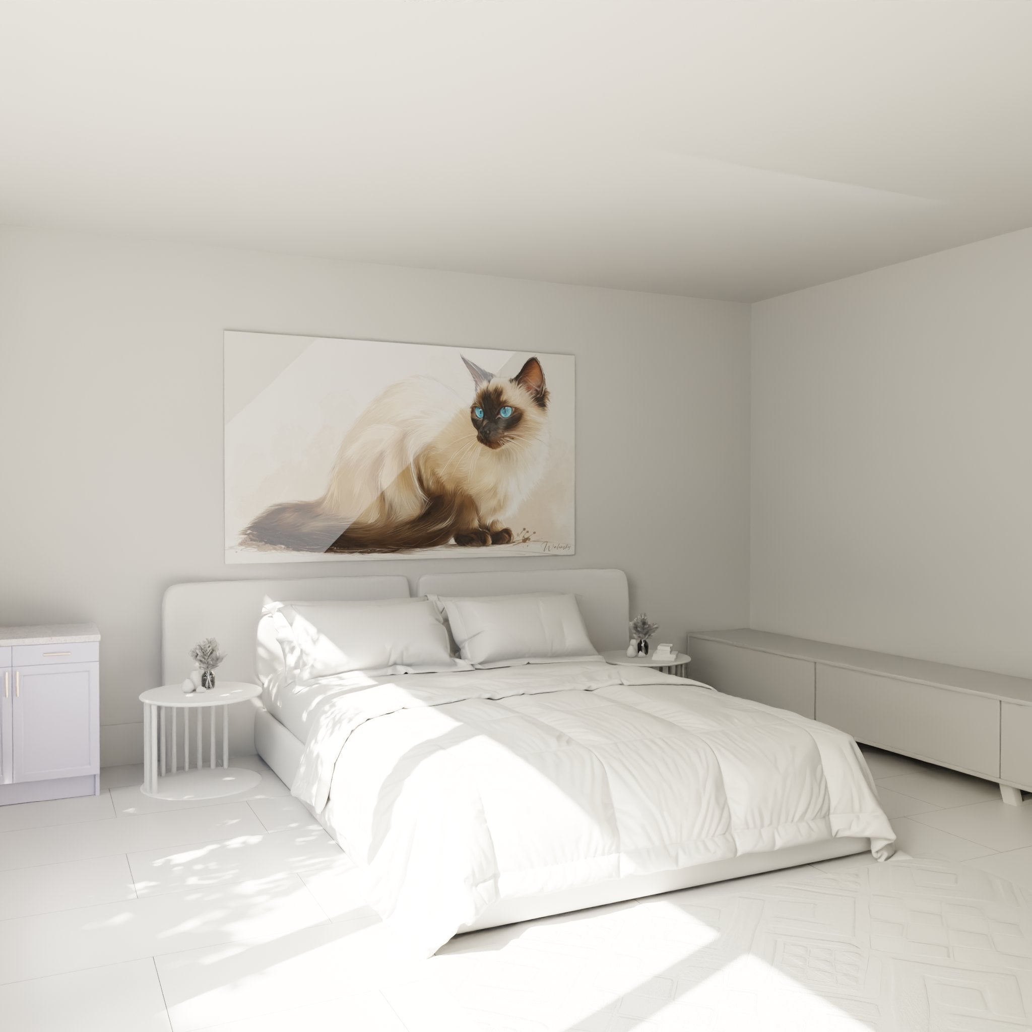 Chat Balinais majestueux tableau décoratif dans une chambre moderne avec regard azur captivant