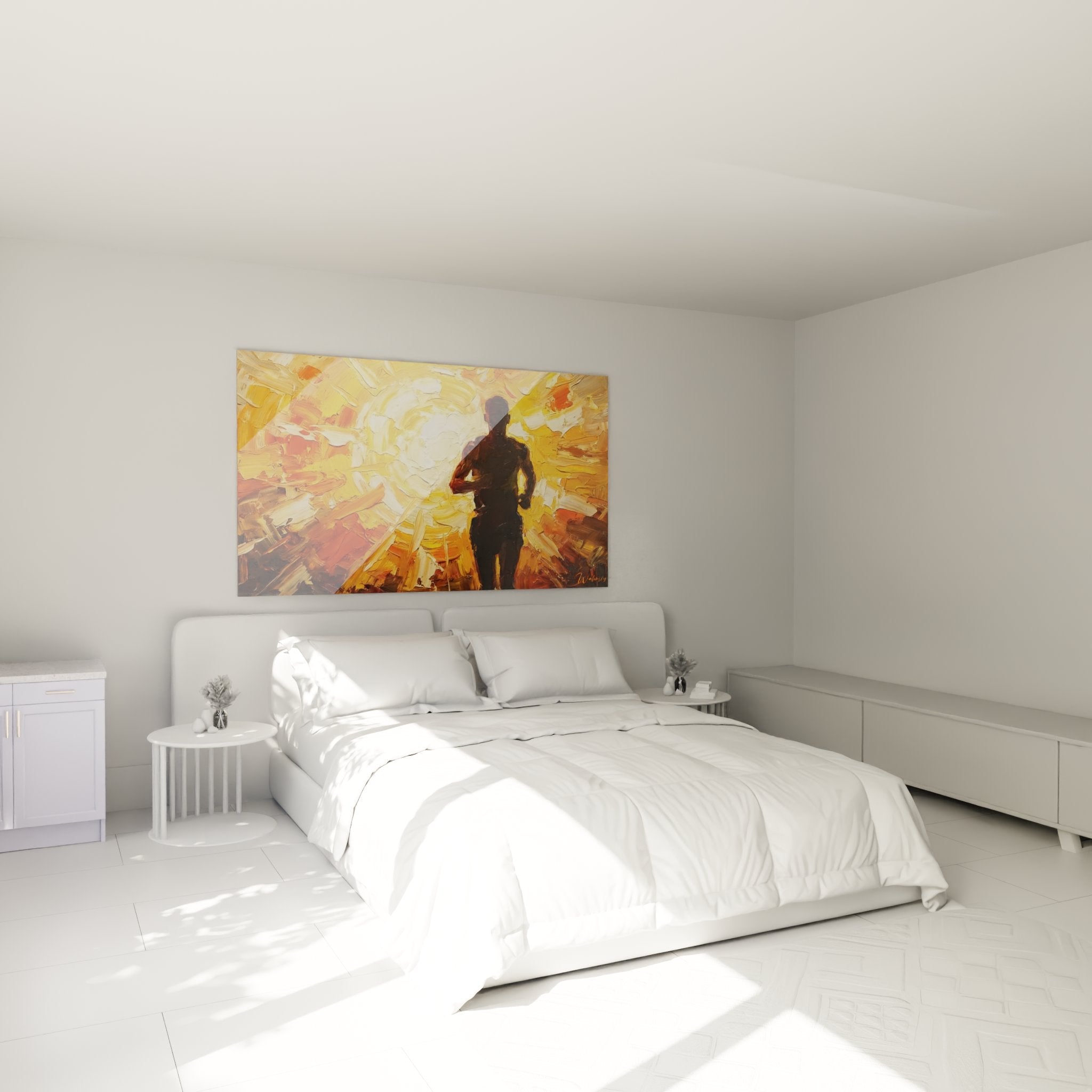 Running race wall art decorating modern bedroom runner sunset warm golden tones sporty ambiance