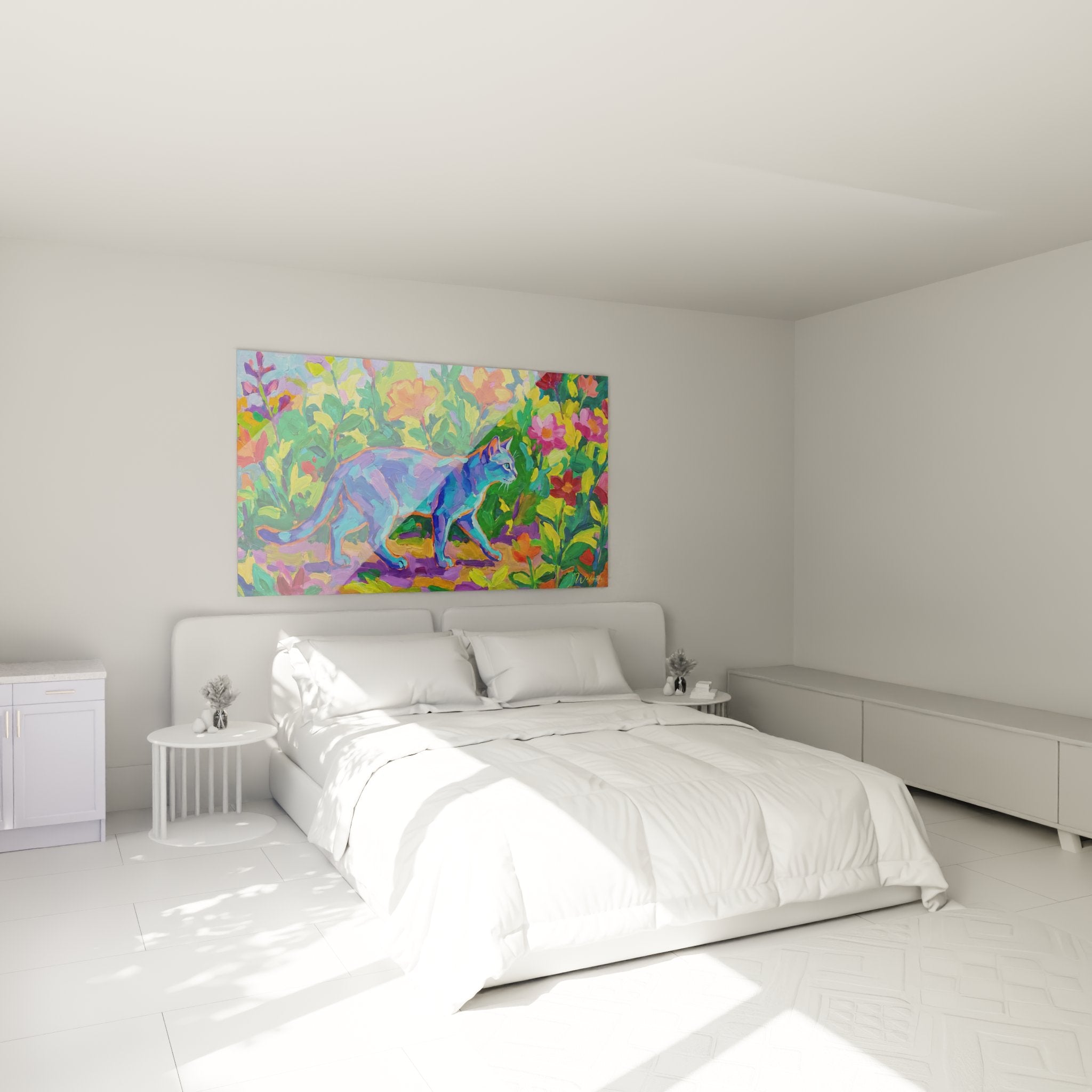 Burmilla cat wall decoration in blooming garden within a modern bedroom with soothing tones