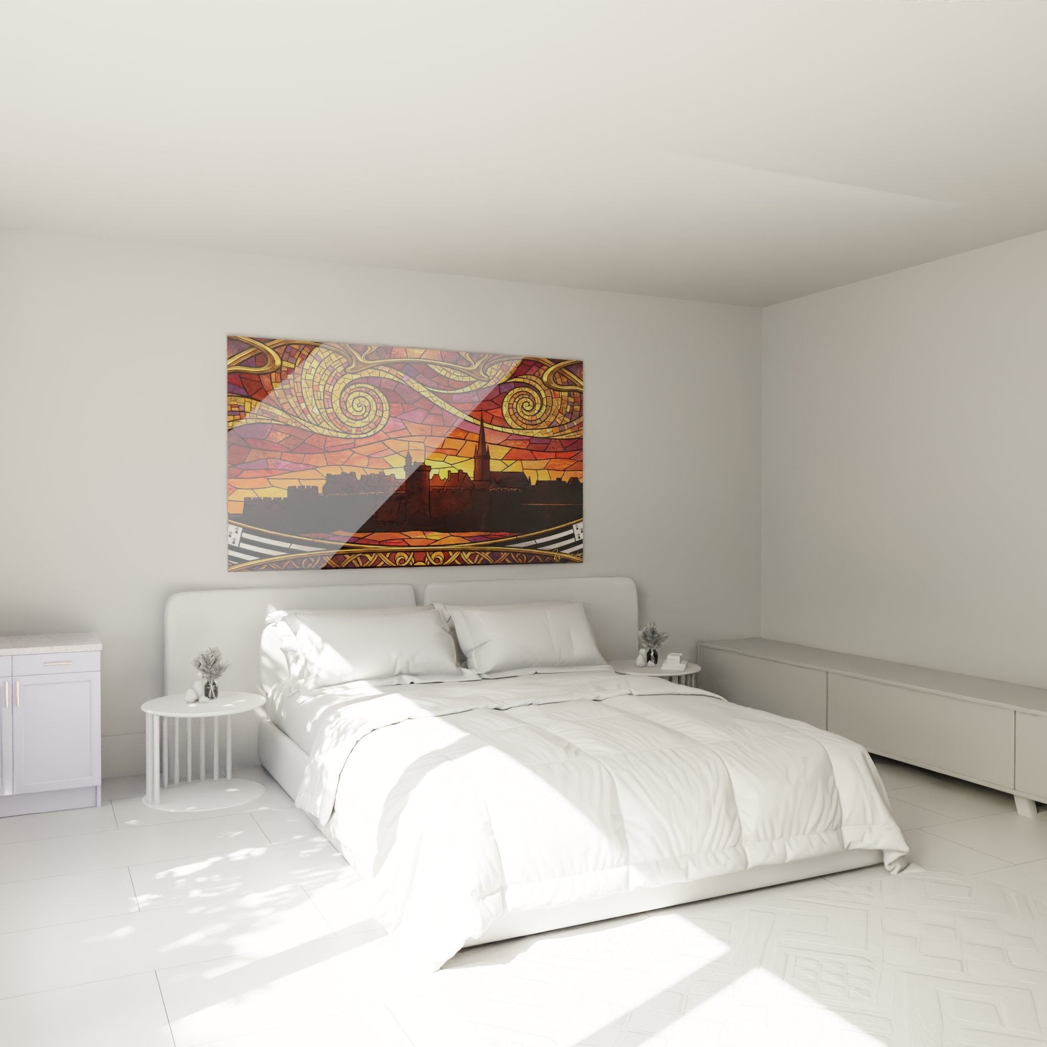 Decoration murale chateau breton vitrail dans chambre moderne aux tons chauds