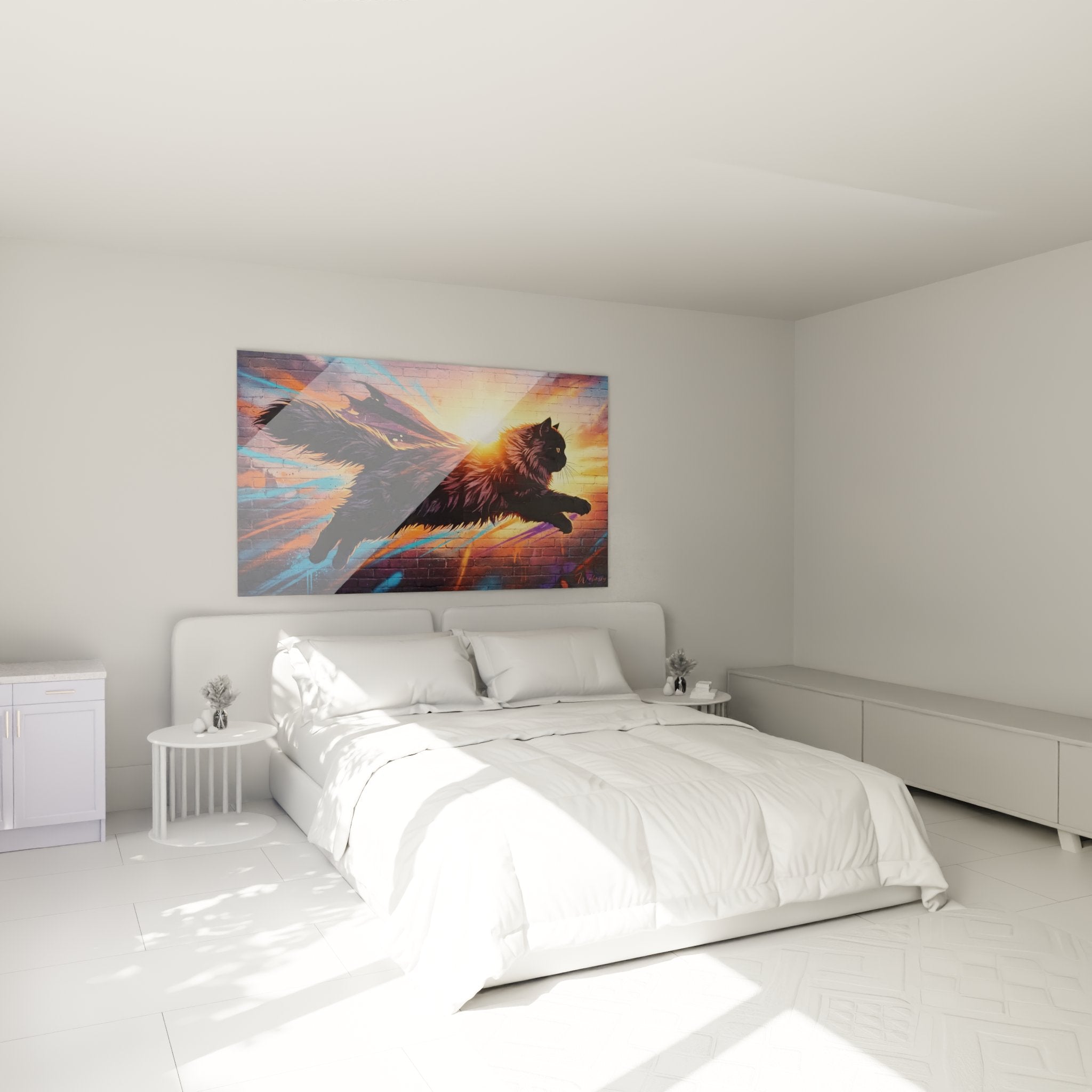 Quadro gatto persiano alato che decora una camera moderna con colori caldi arancione e viola