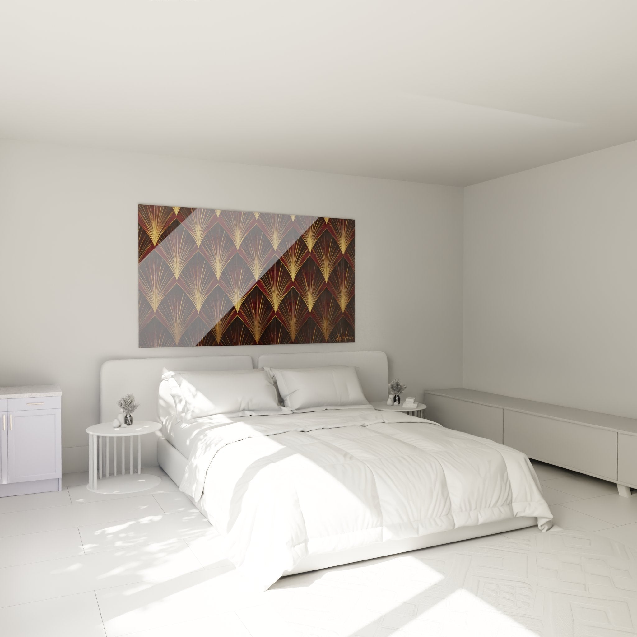 Tableau art déco bordeaux et or installé dans chambre moderne avec décoration contemporaine