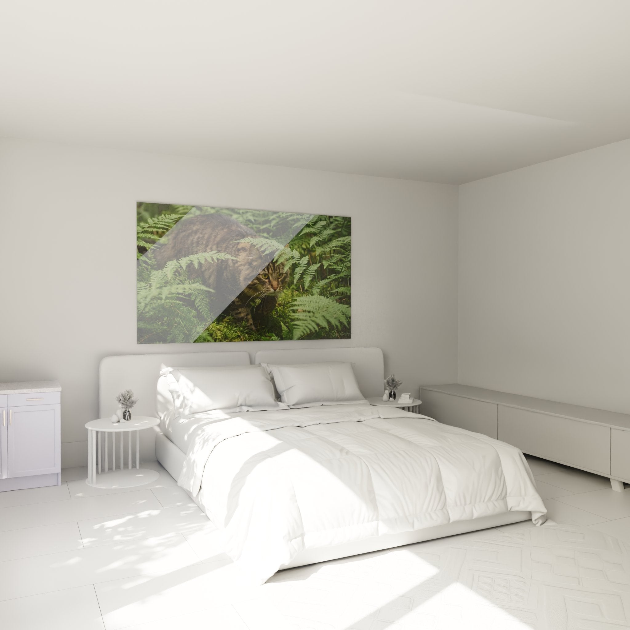 Decoration murale chambre tableau chat Norwegian Forest Cat fougeres ambiance naturelle cocooning