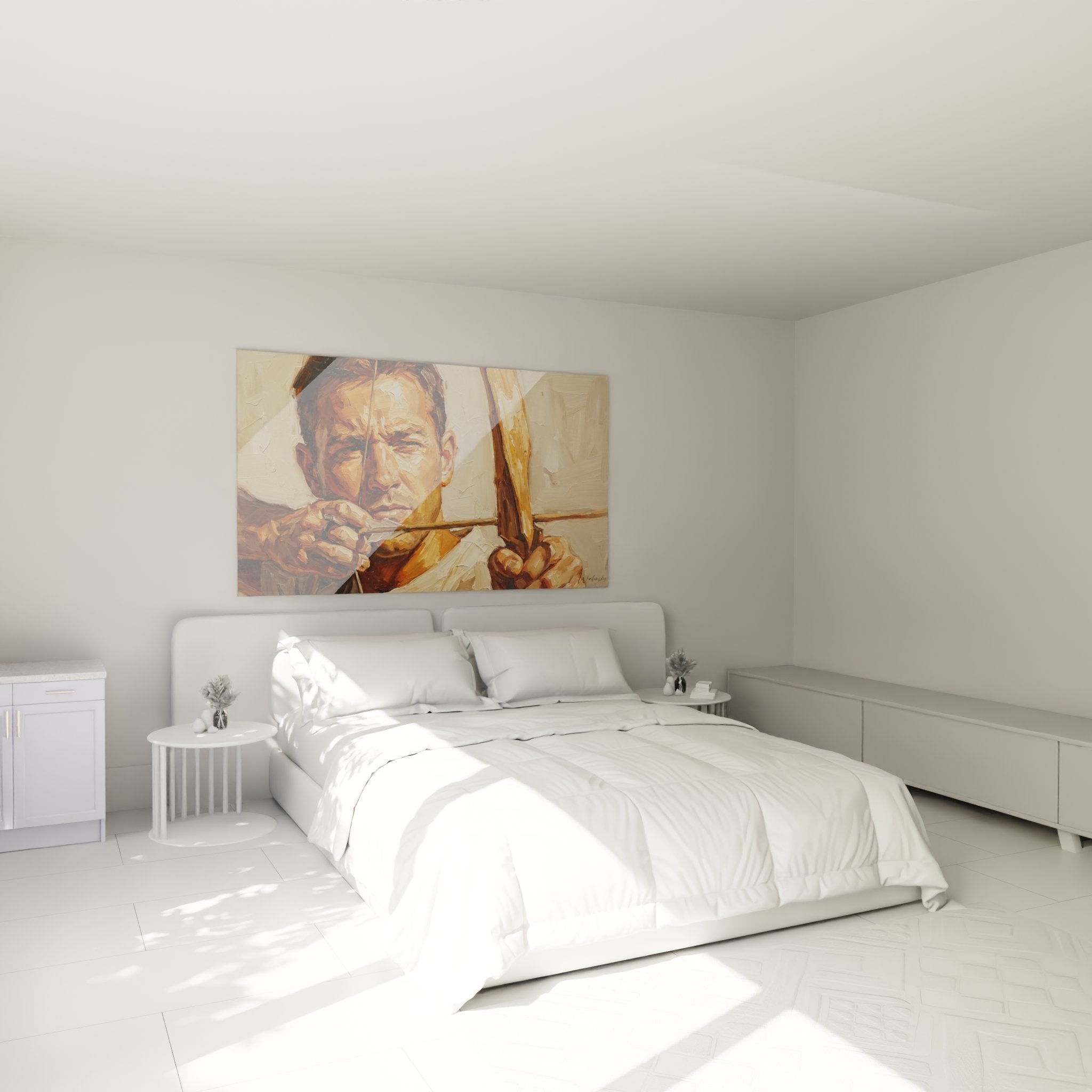 Decorazione murale arciere con mira in camera moderna, atmosfera accogliente tiro con l'arco