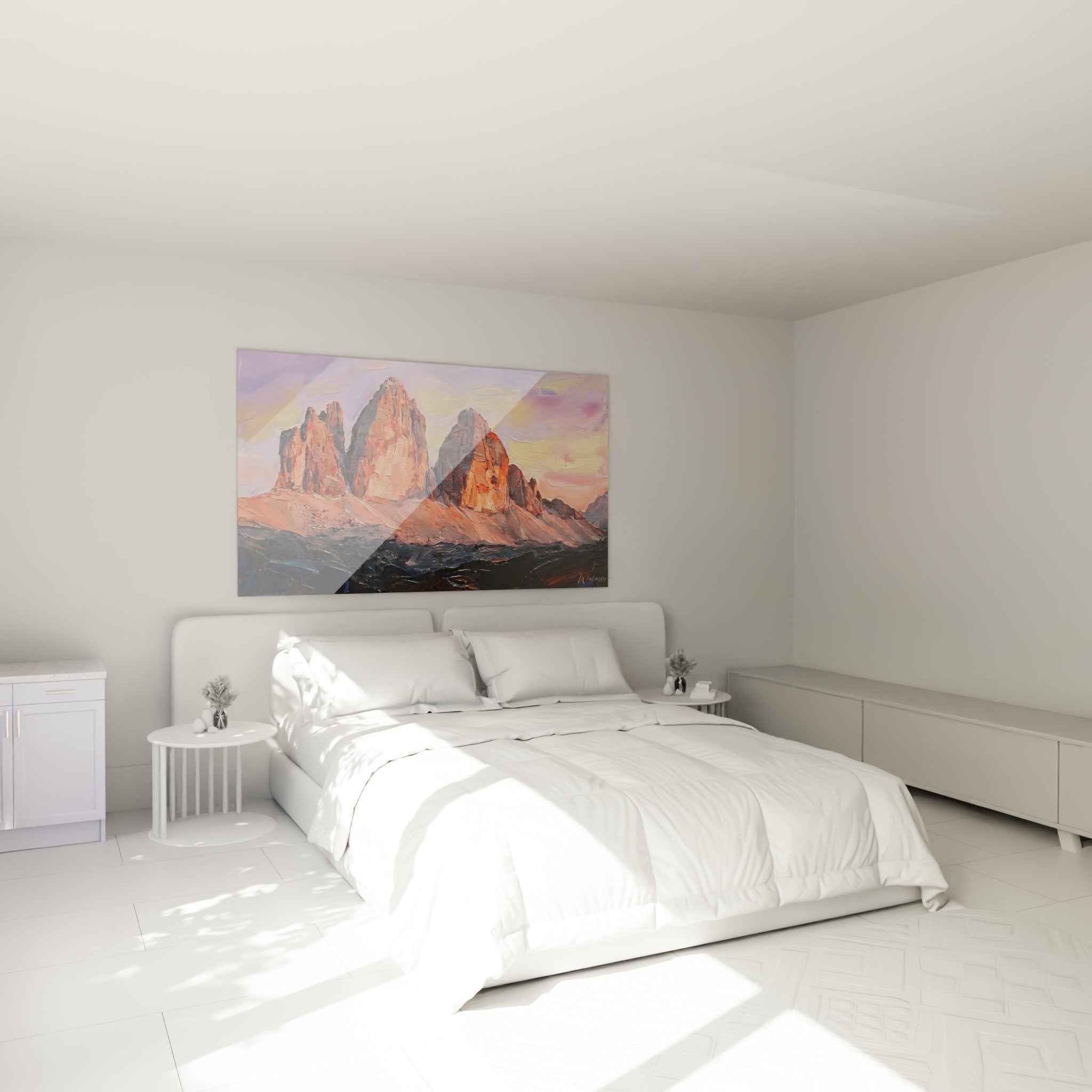 Decorazione camera quadro Tre Cime Dolomiti atmosfera accogliente montagna art murale alpenglow arancione