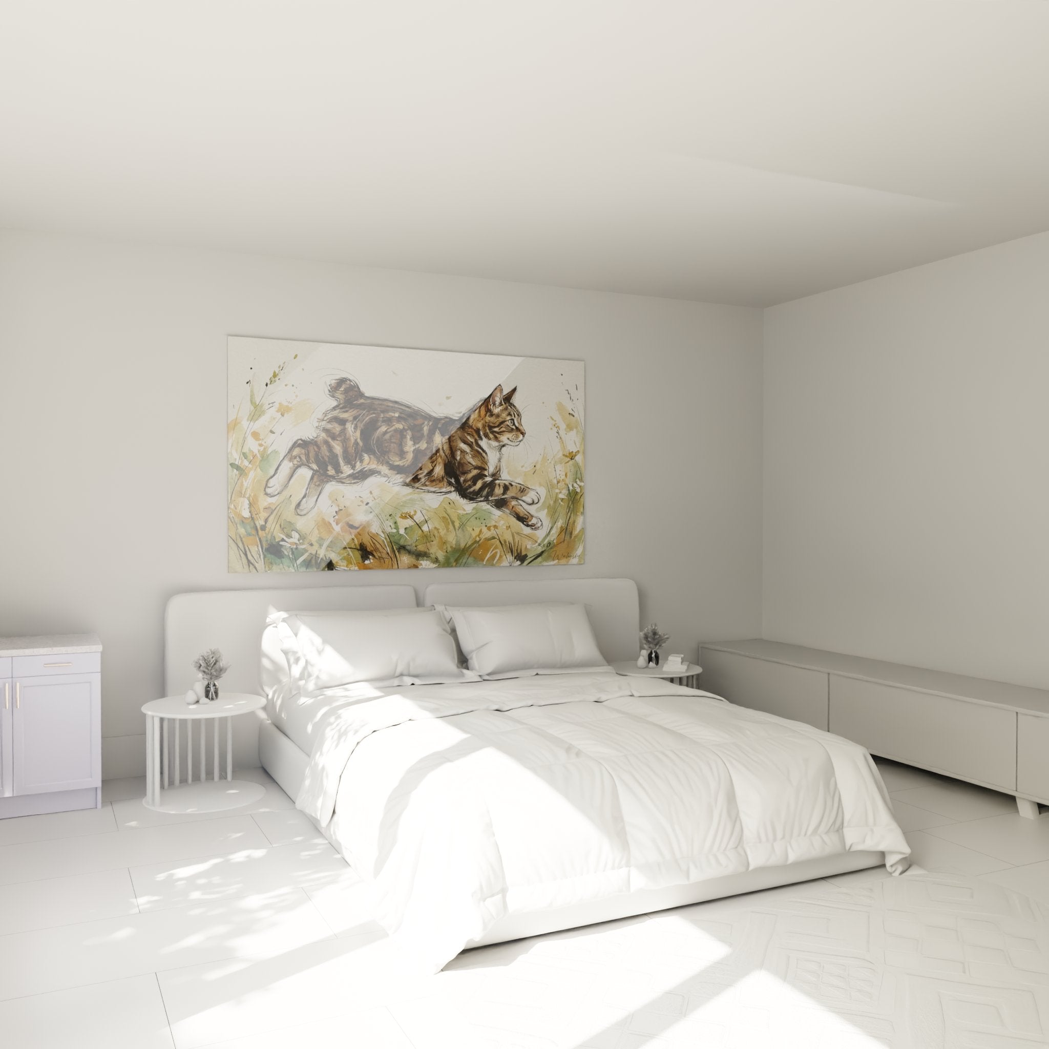 Decorazione murale camera da letto con quadro gatto Manx saltellante stile acquerello atmosfera naturale rilassante