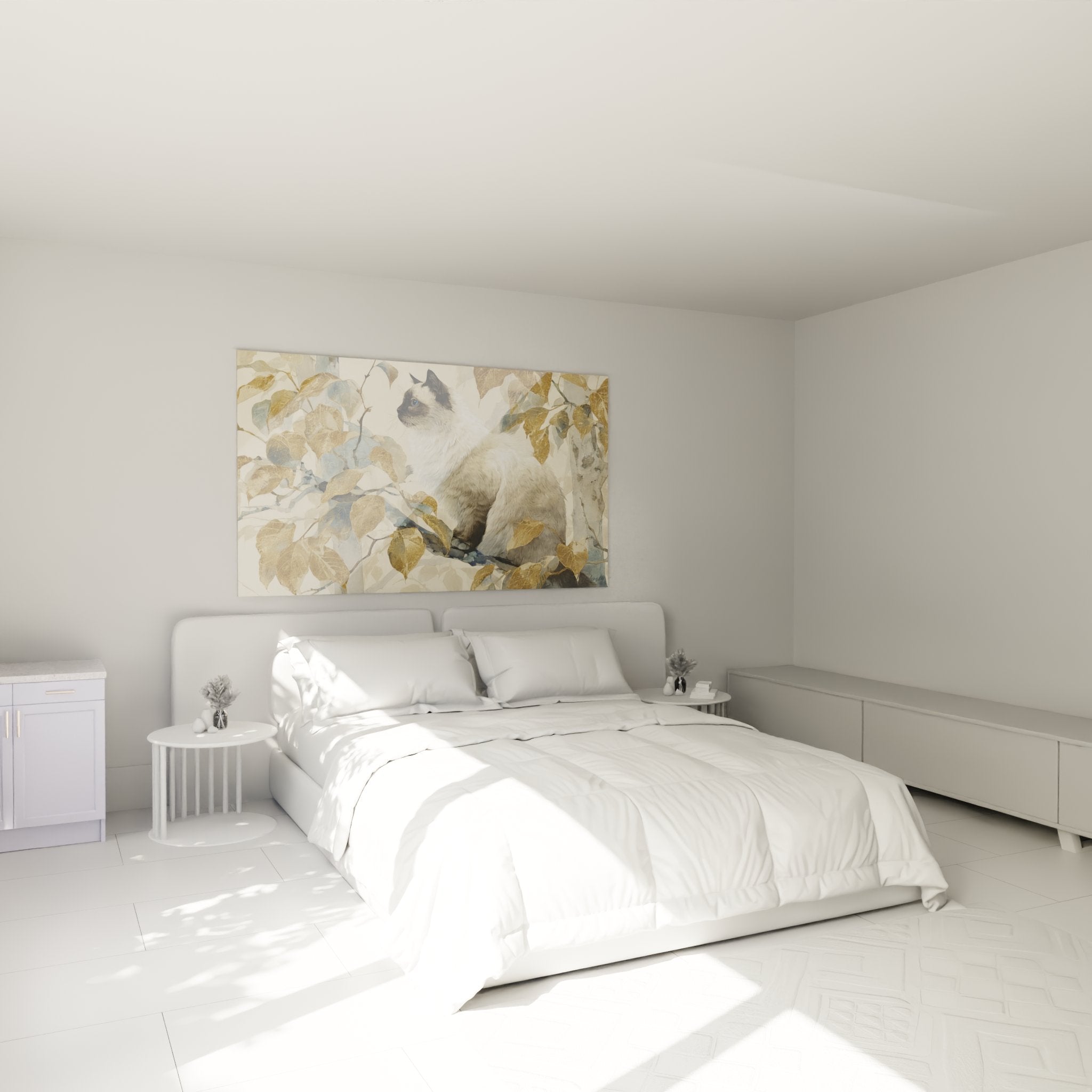 Quadro gatto birmano con fogliame dorato appeso alla parete della camera da letto, decorazione interna rilassante in stile autunnale