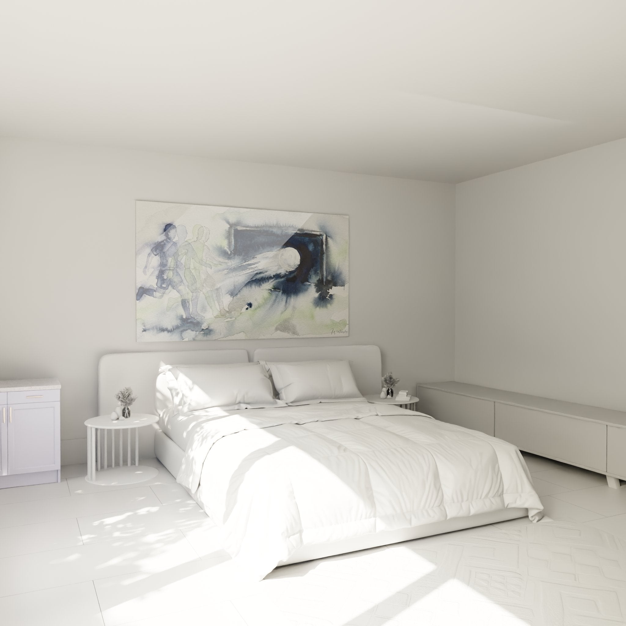 Decoration murale football aquarelle dans chambre moderne, tableau sport artistique bleu et vert