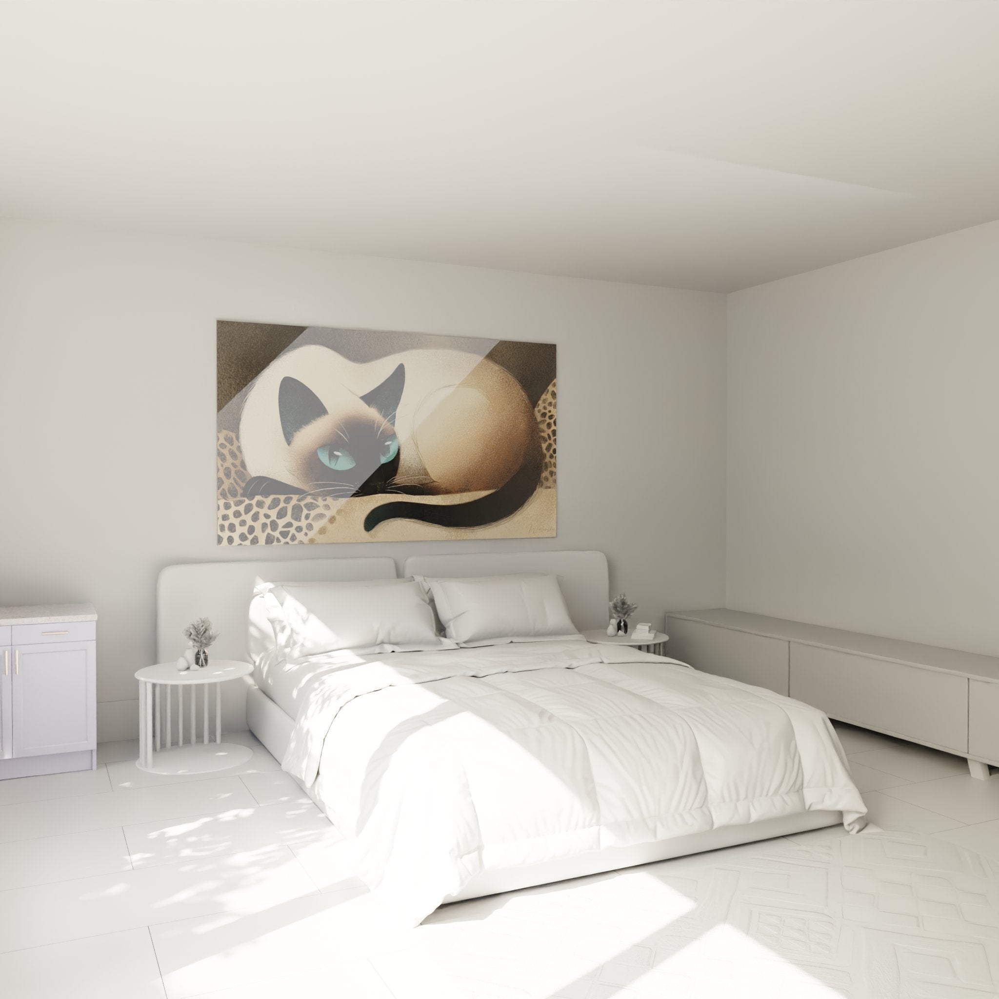 Decorazione camera da letto con quadro gatto siamese dagli occhi azzurri, atmosfera accogliente e raffinata