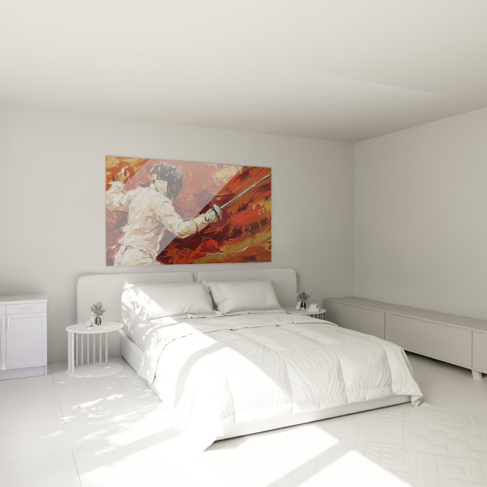Wall art fencer painting in modern bedroom, warm atmosphere sport combat art