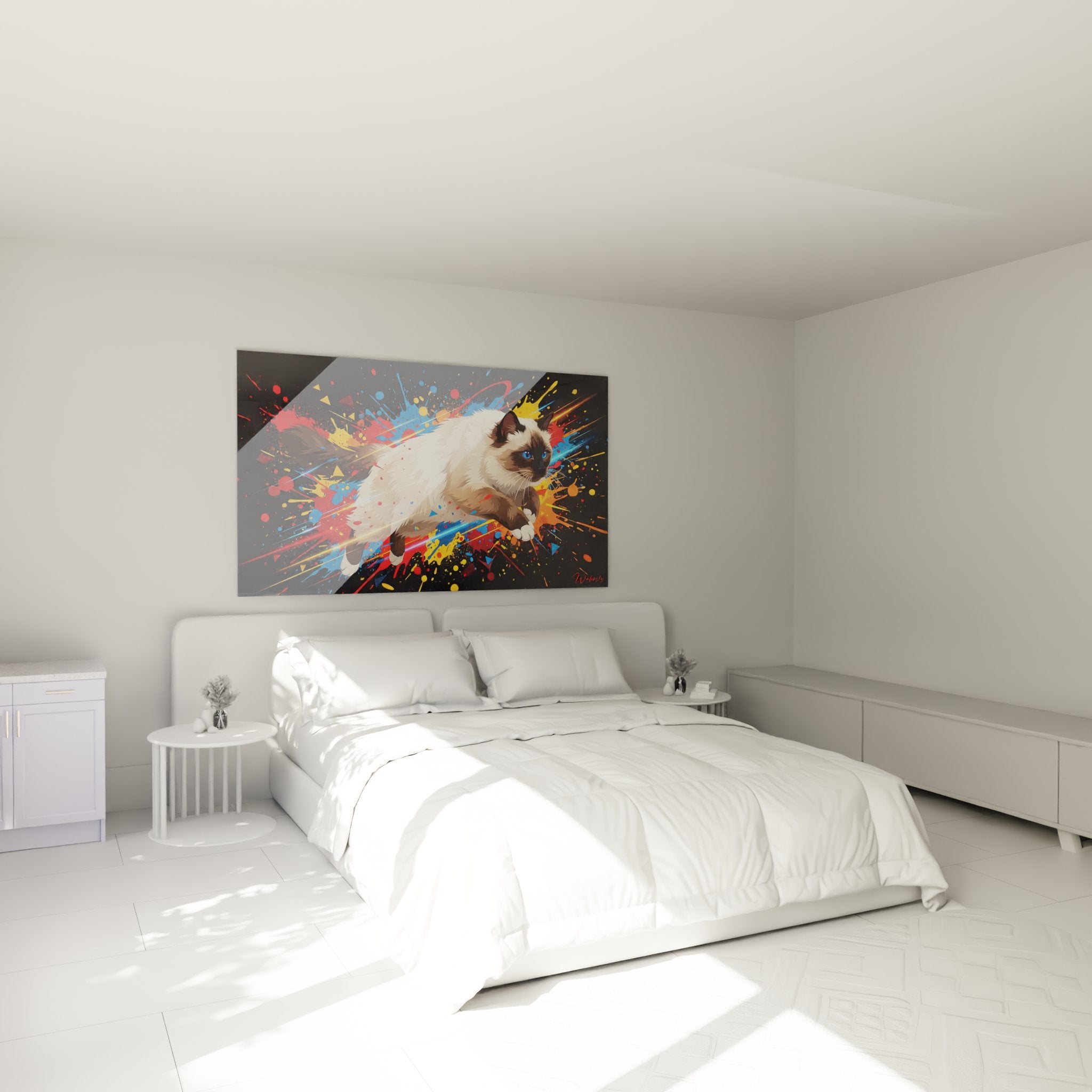Decorazione camera da letto con quadro gatto birmano artistico esplosione di colori atmosfera moderna e colorata