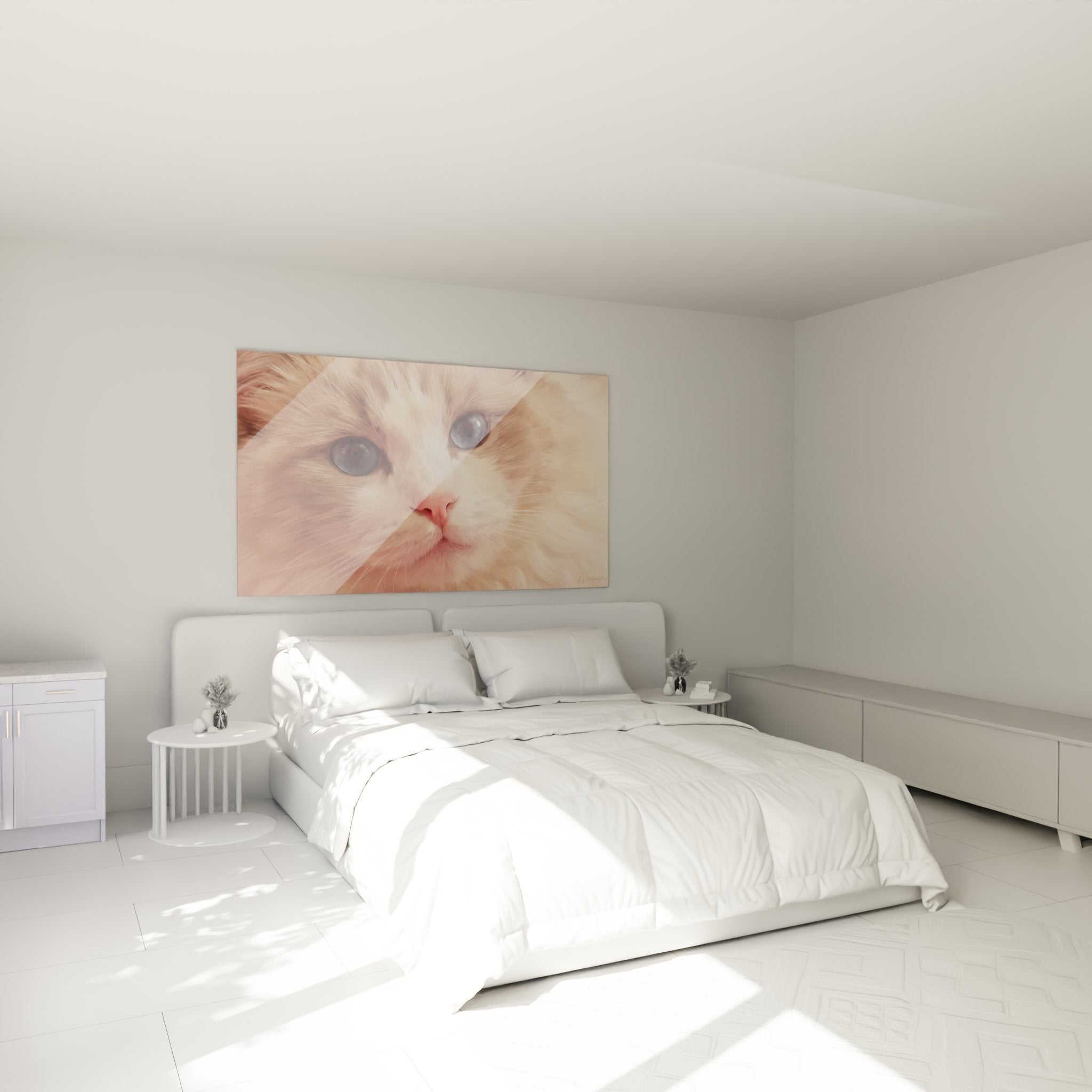 Quadro gattino Ragdoll occhi blu installato in una camera moderna, decorazione murale felina delicata